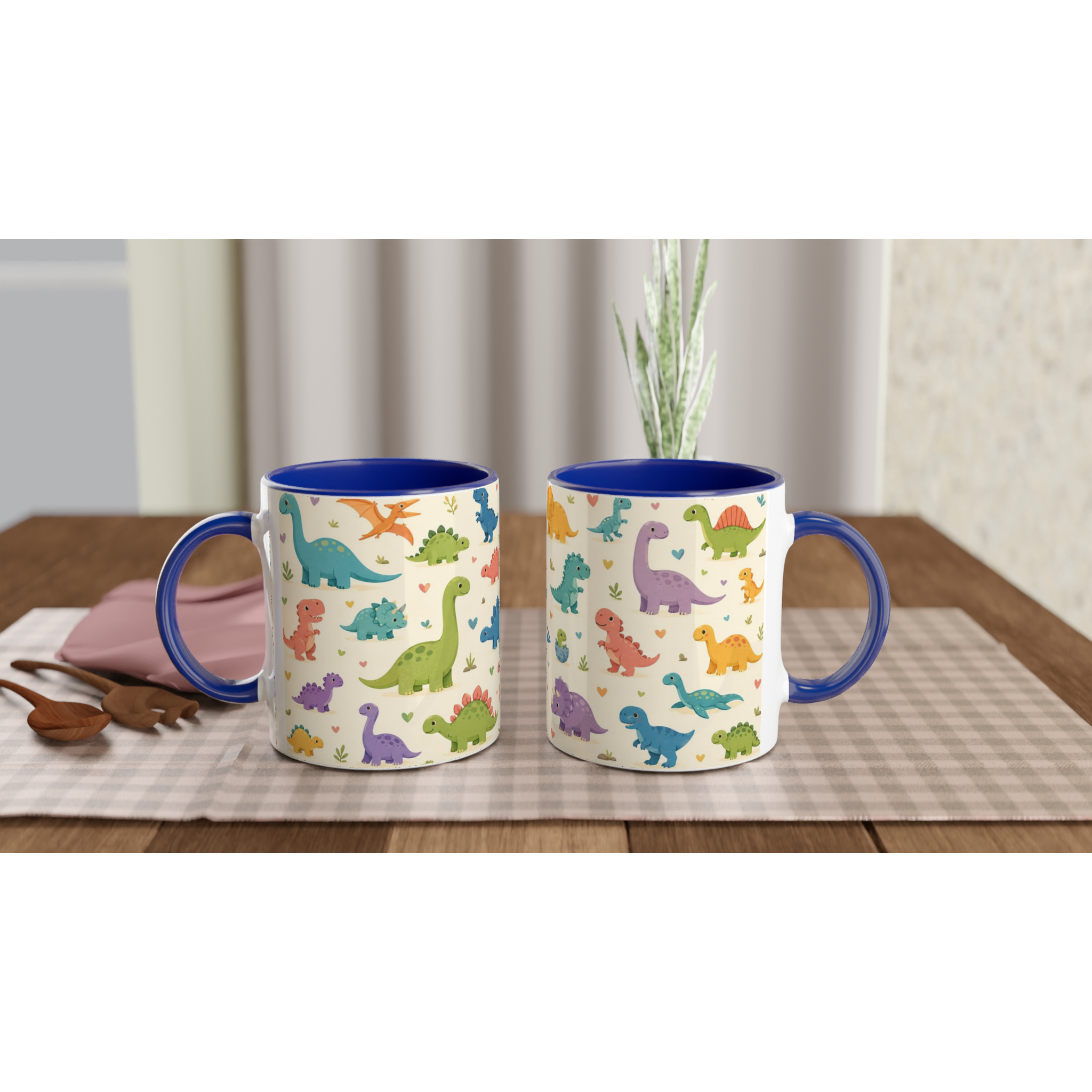 Mug en céramique crème à motifs de dinosaures pastel, anse bleue