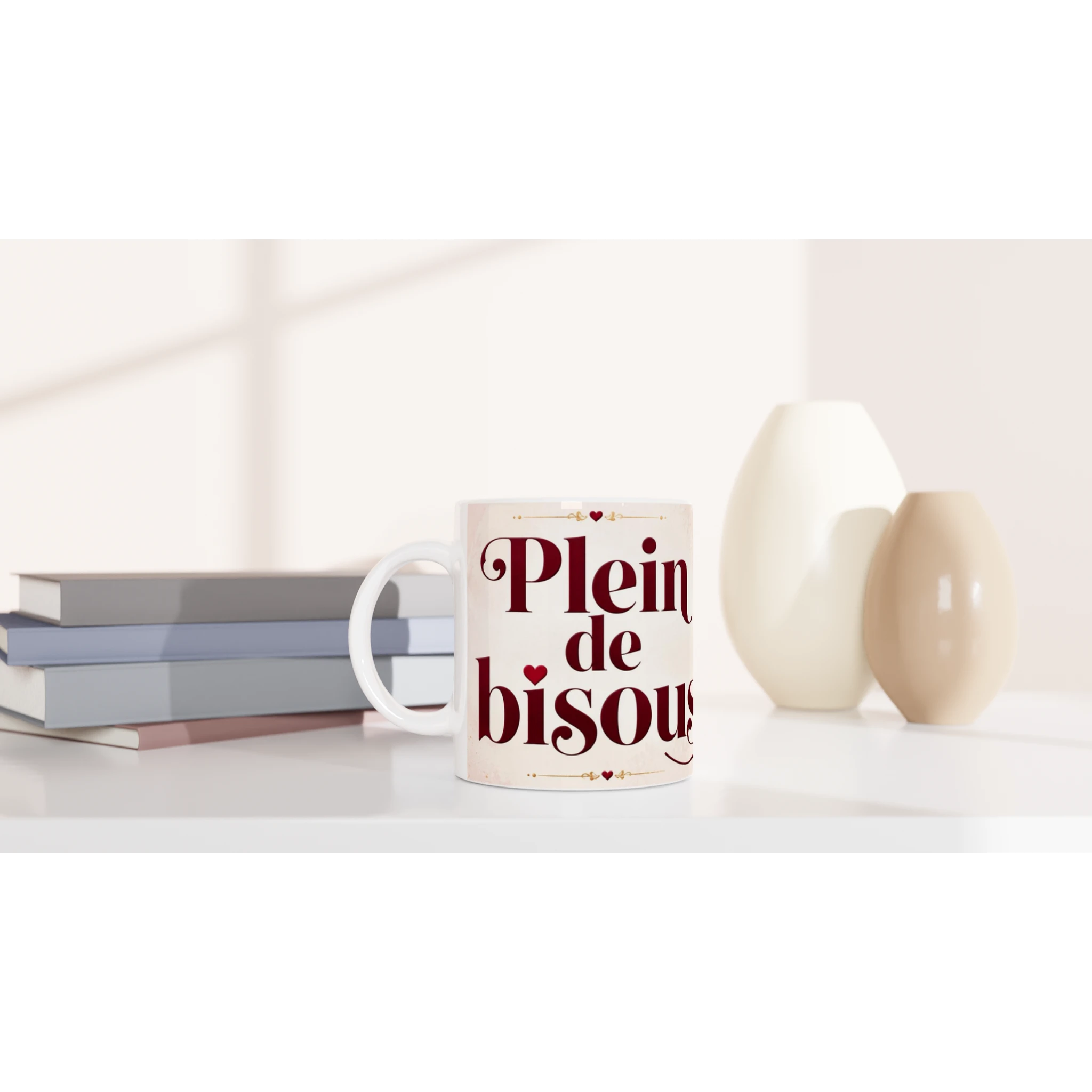 Mug en céramique blanc « Plein de bisous » avec anse blanche