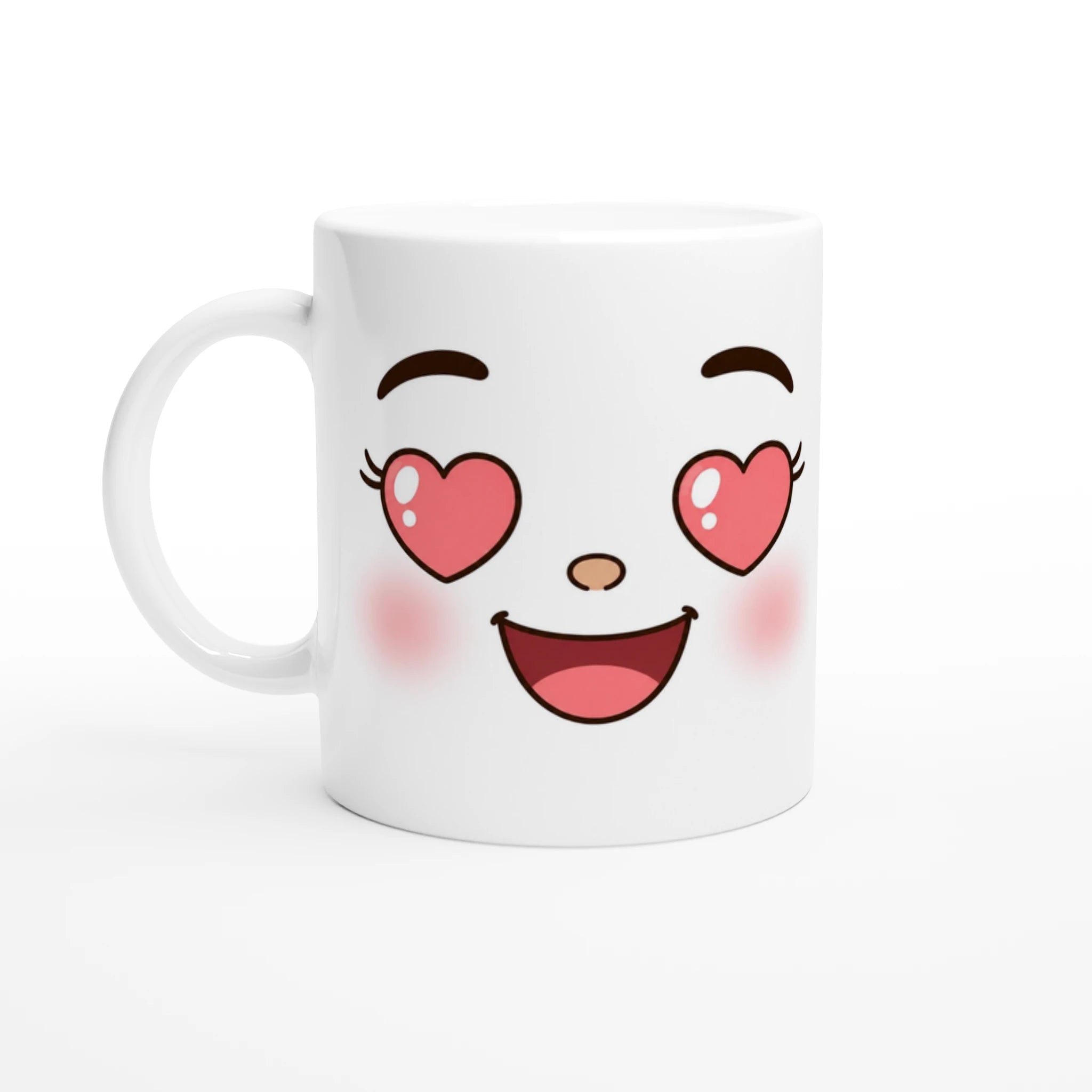Mug en céramique blanche au visage kawaii avec cœurs roses et anse blanche.