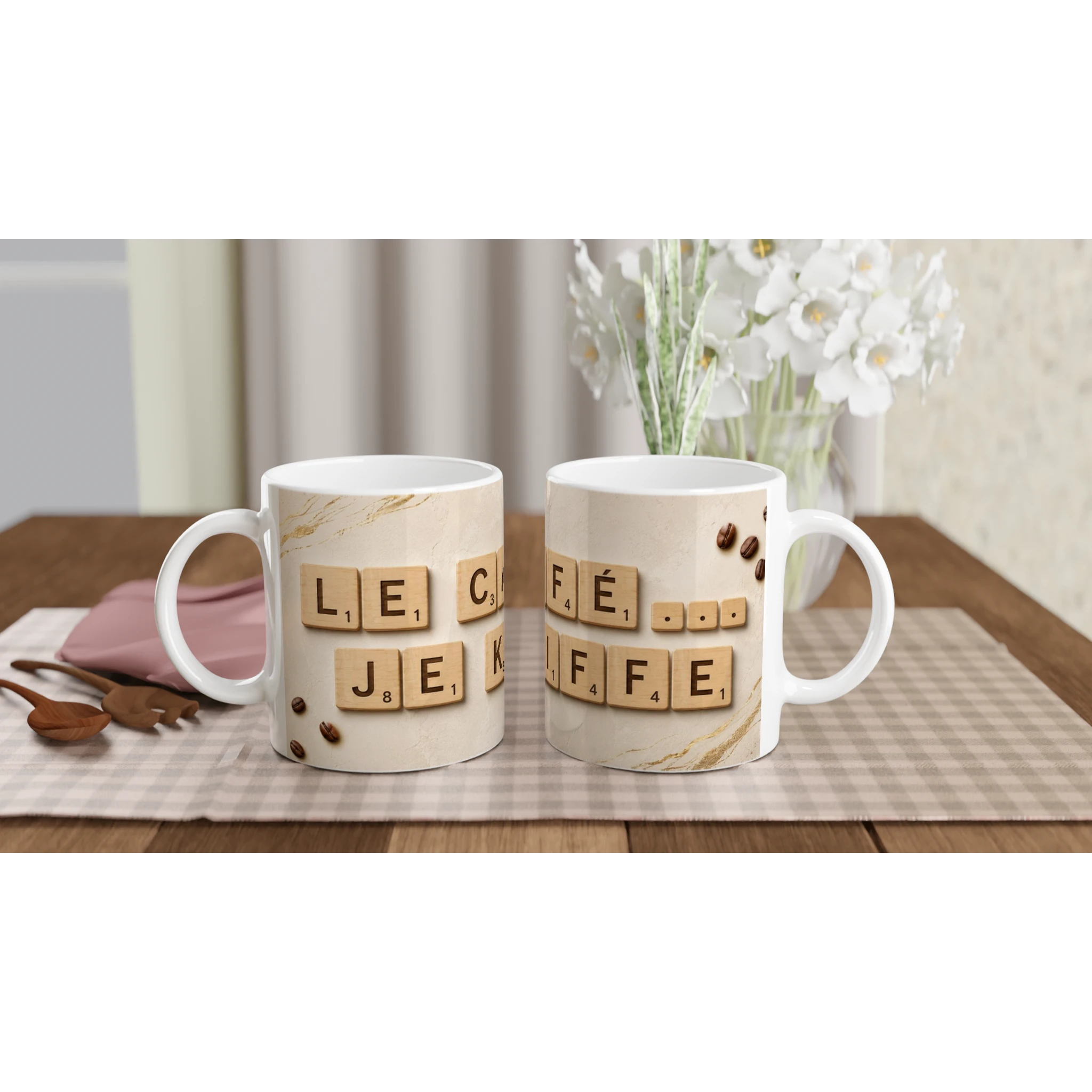 Mug en céramique blanc, lettres façon Scrabble et points café