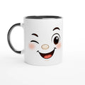 Mug en céramique blanche au visage kawaii, poignée et bordure noires