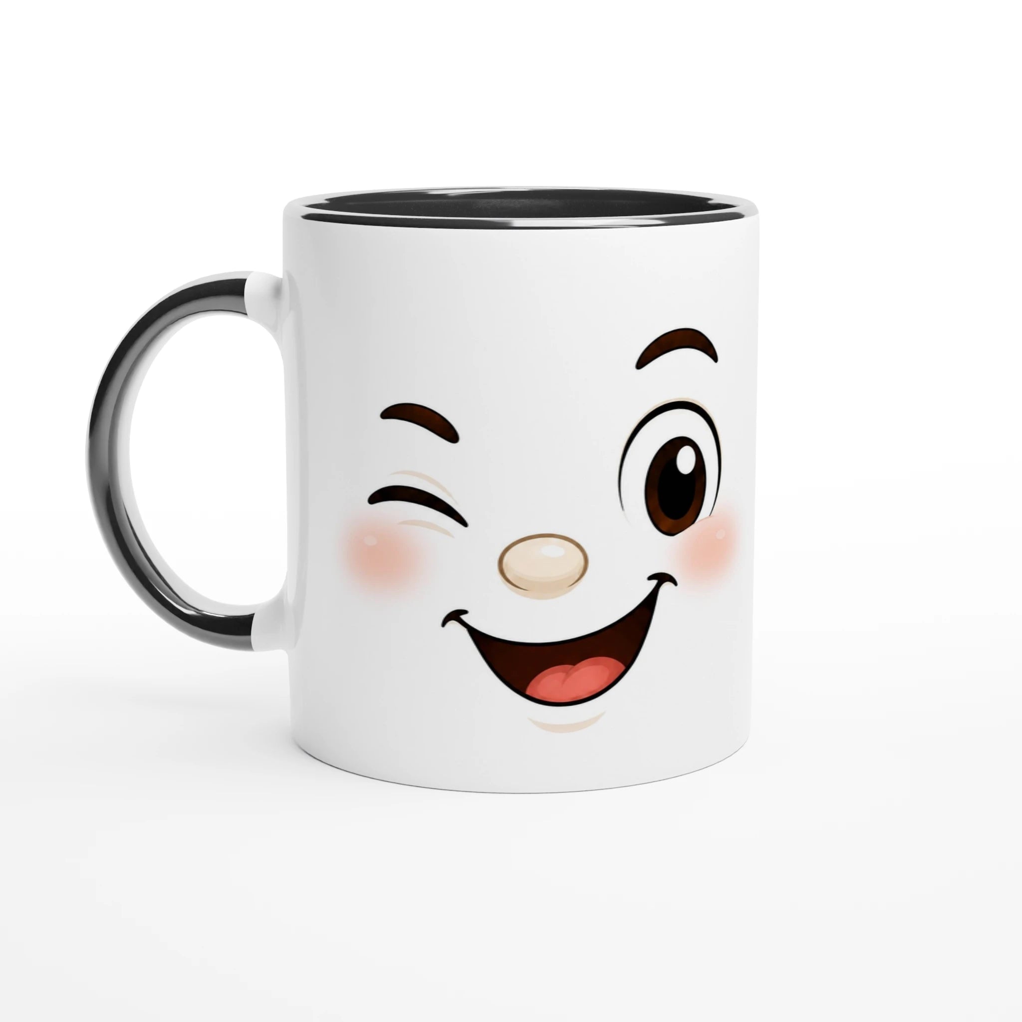 Mug en céramique blanche au visage kawaii, poignée et bordure noires