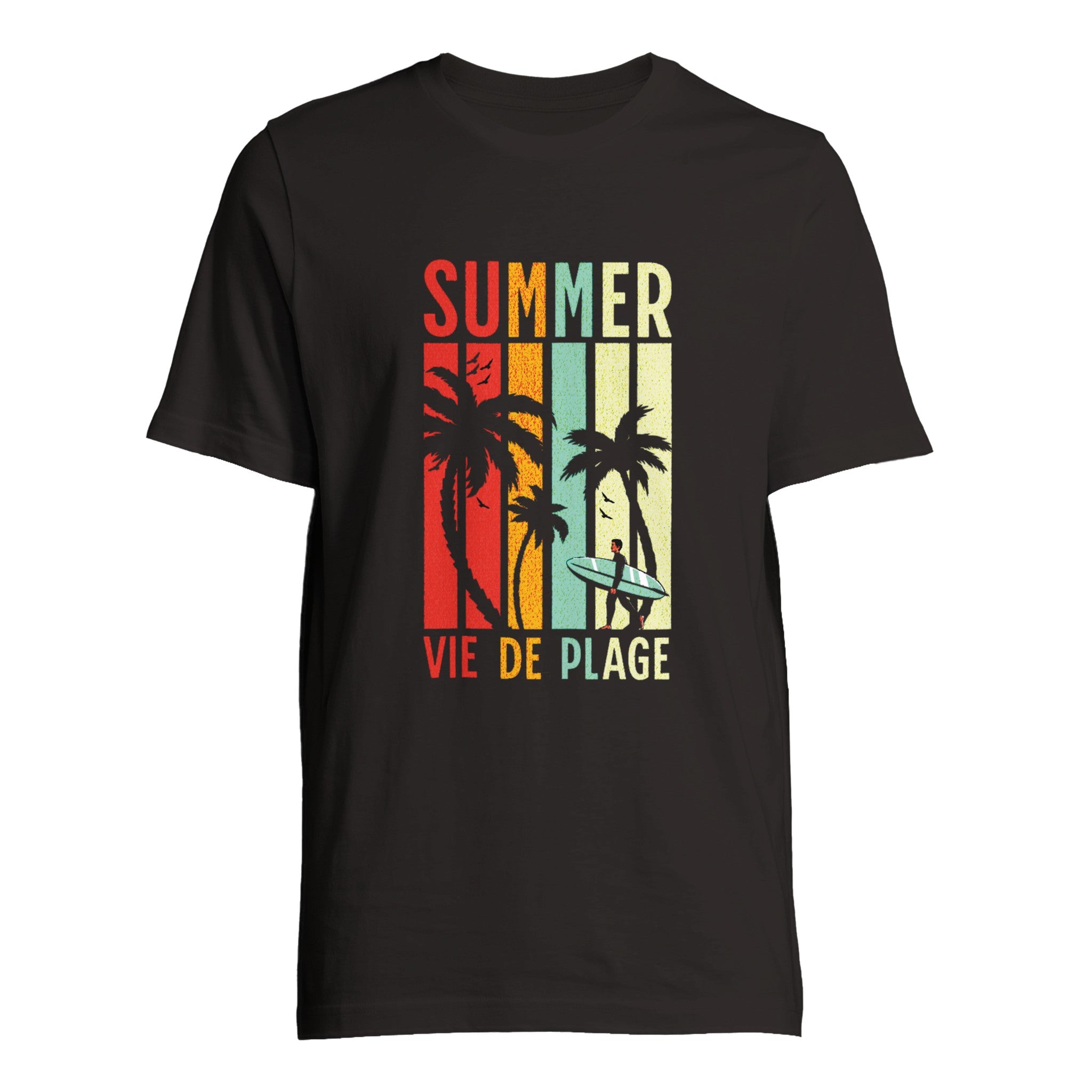 T-shirt oversize noir, imprimé poitrine «SUMMER VIE DE PLAGE» palmiers et surfeur
