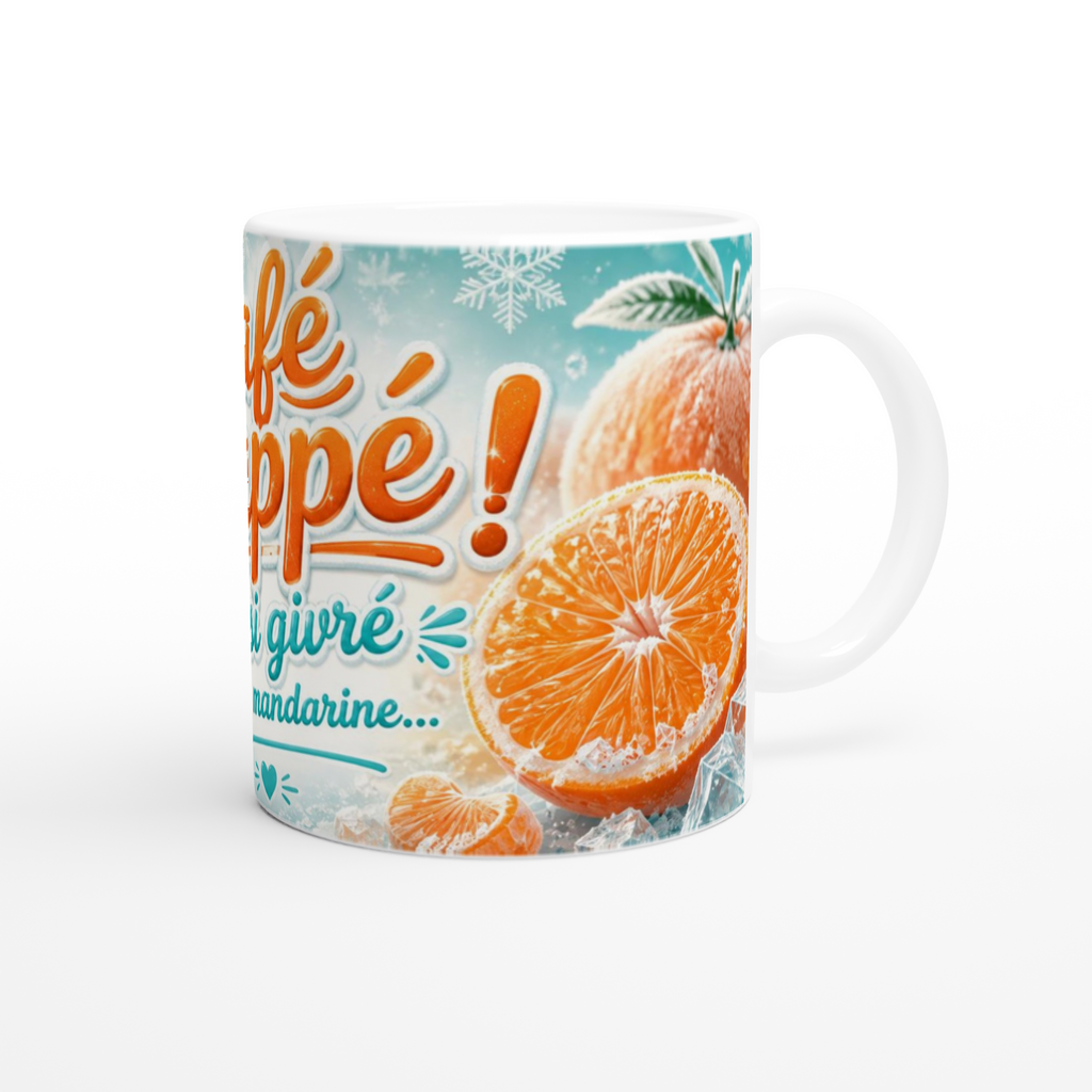 Mug blanc à poignée, mandarines dessinées et texte « … aussi givré »
