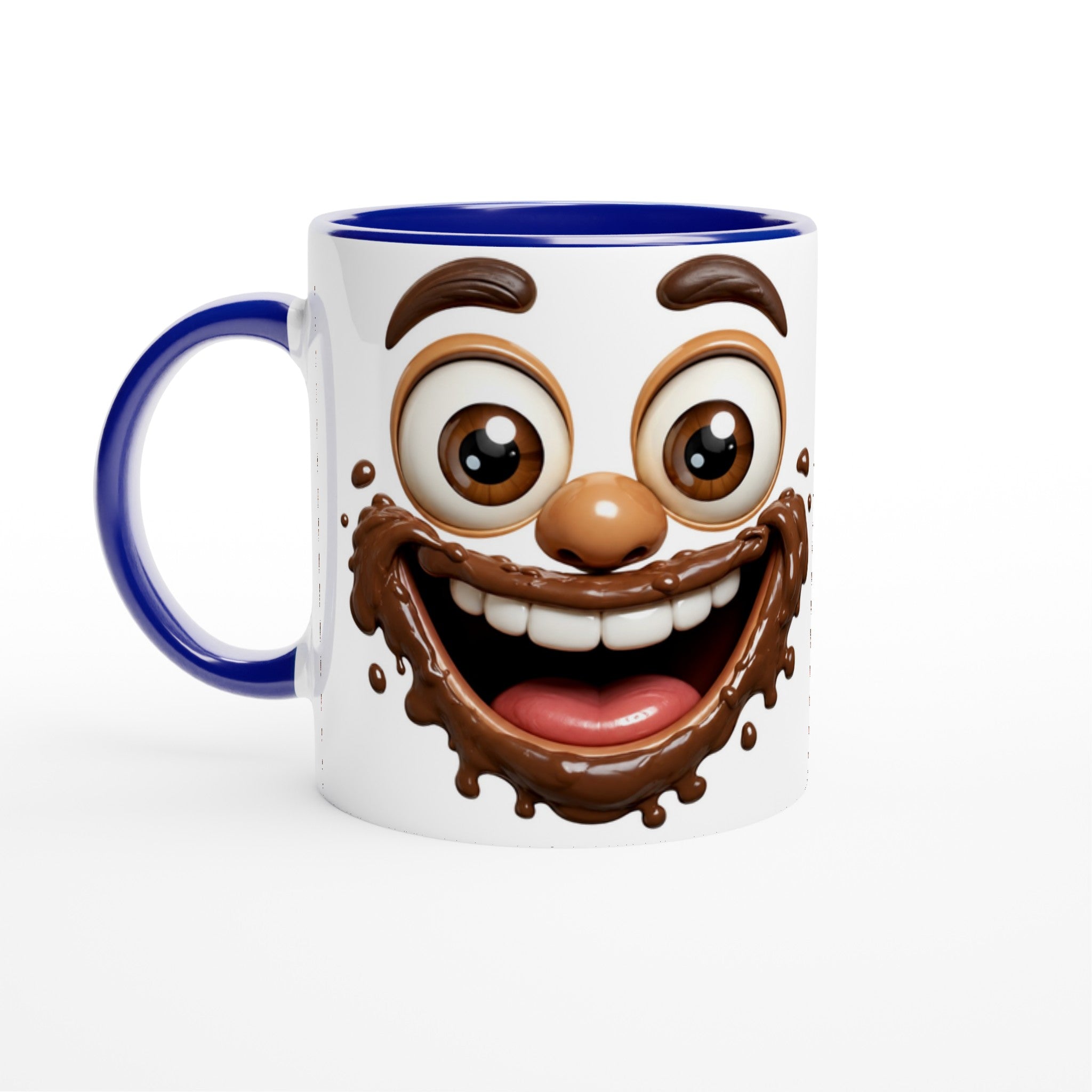Mug en céramique blanche à rebord bleu et anse bleue, visage chocolat souriant