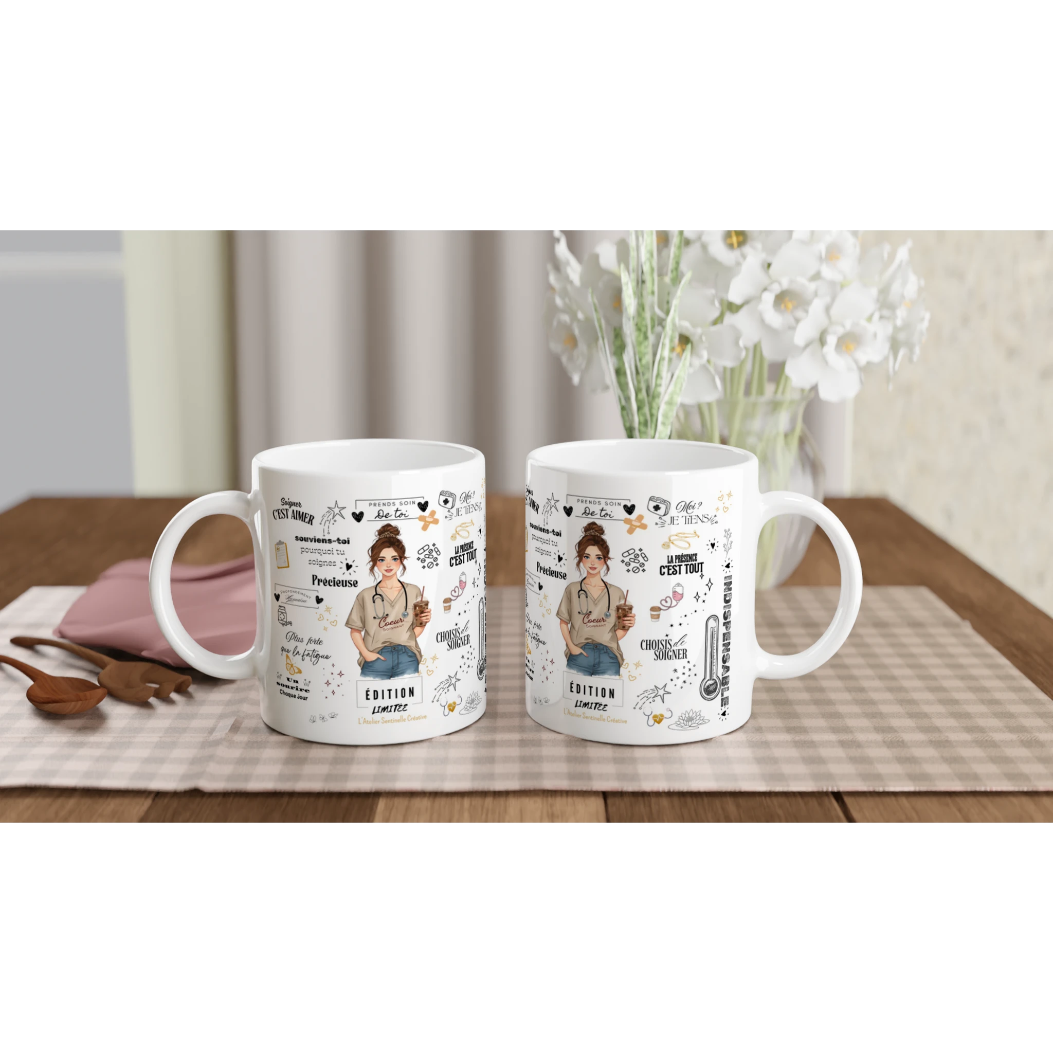 Mug blanc avec illustration d’infirmière et textes dédiés aux soignantes