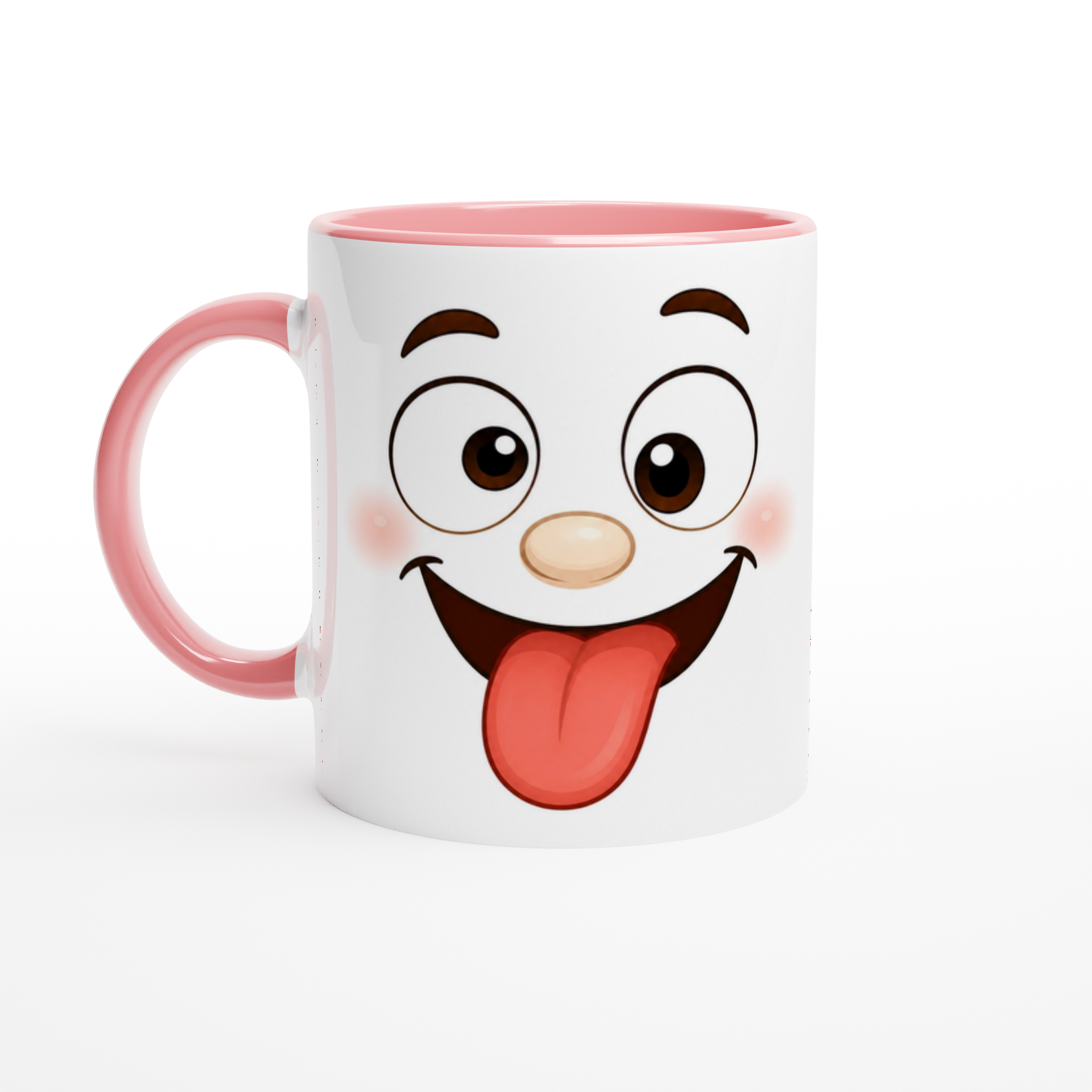 Mug en céramique blanche à poignée rose, visage cartoon souriant, intérieur rose.