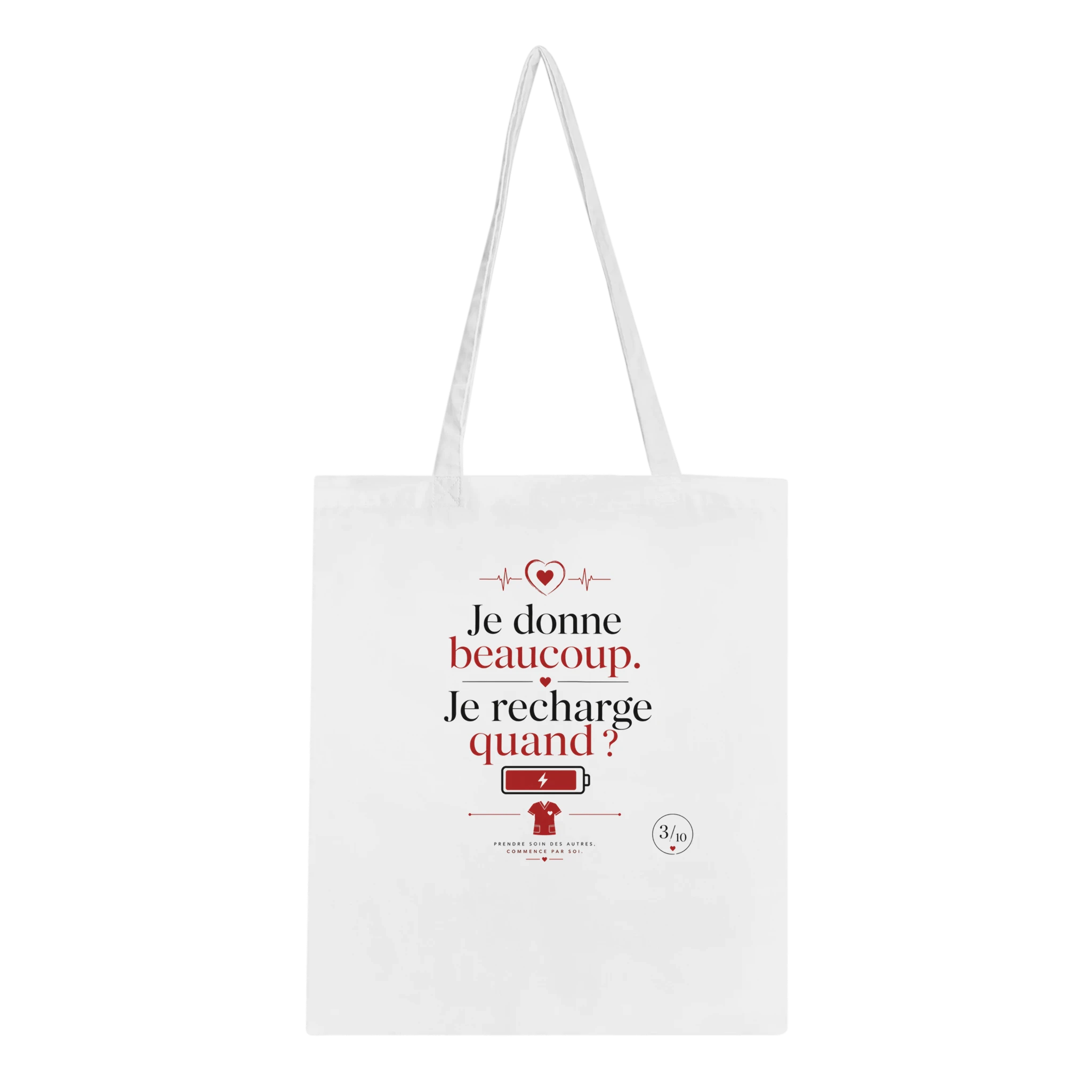 Tote bag en toile blanc cassé, motif rouge au centre, poignées