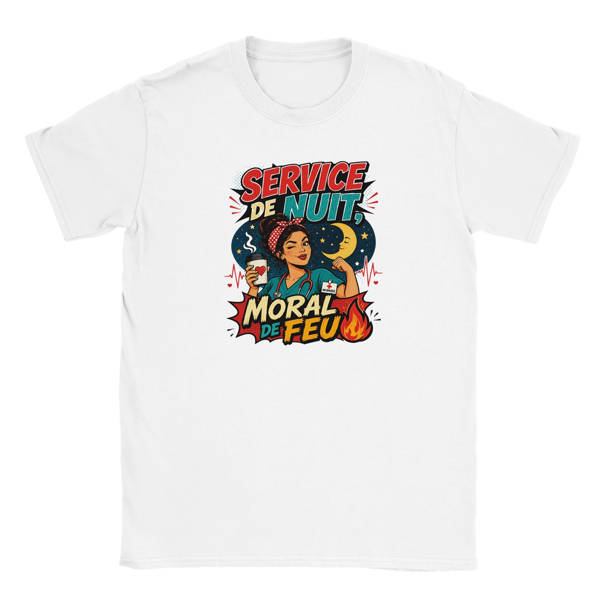 T-shirt blanc à col rond et imprimé « Service de Nuit » « Moral de Feu »