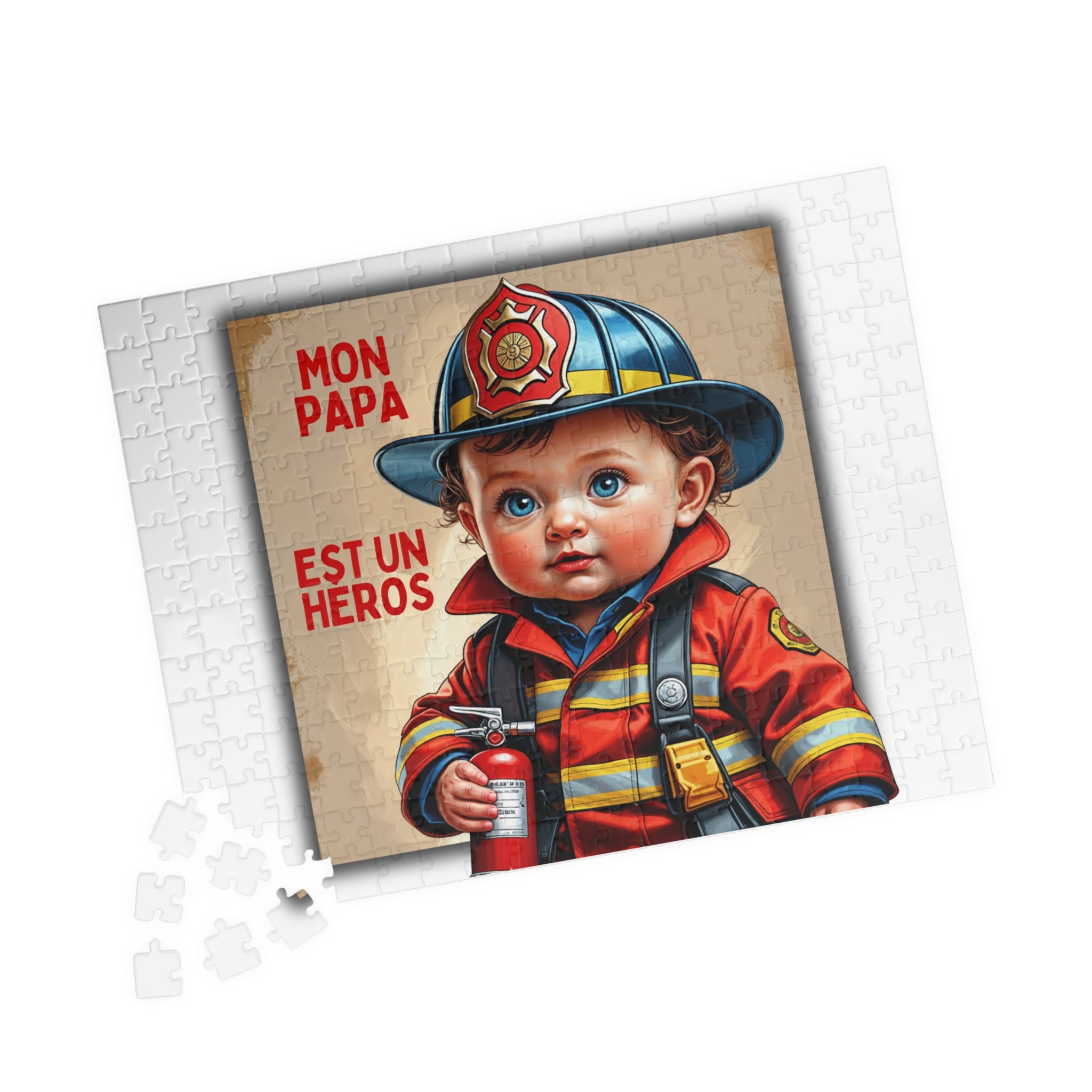 Puzzle avec image bébé pompier et pièces blanches éparses, vue inclinée