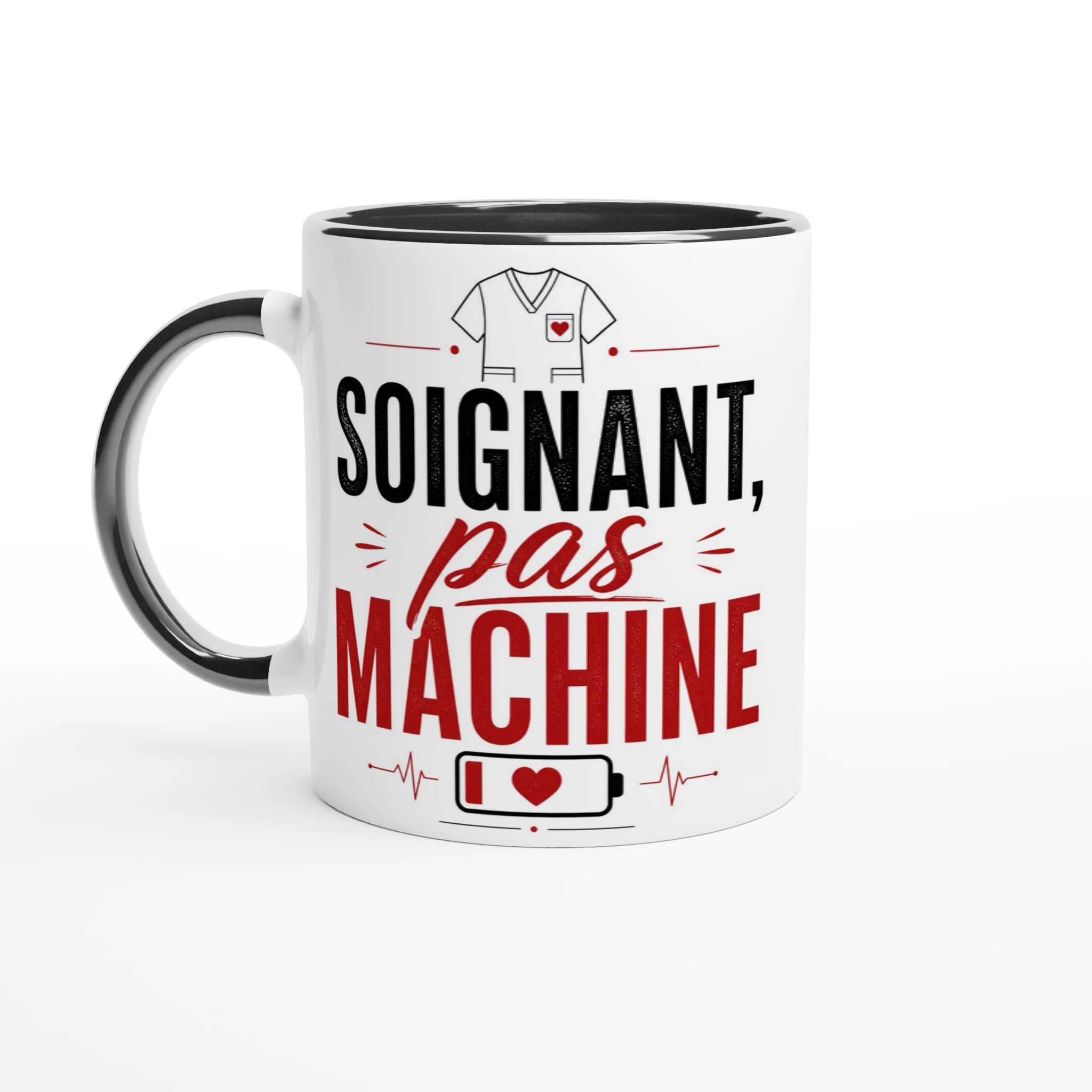 Mug céramique blanc à anse noire, imprimé « Soignant, pas machine ».