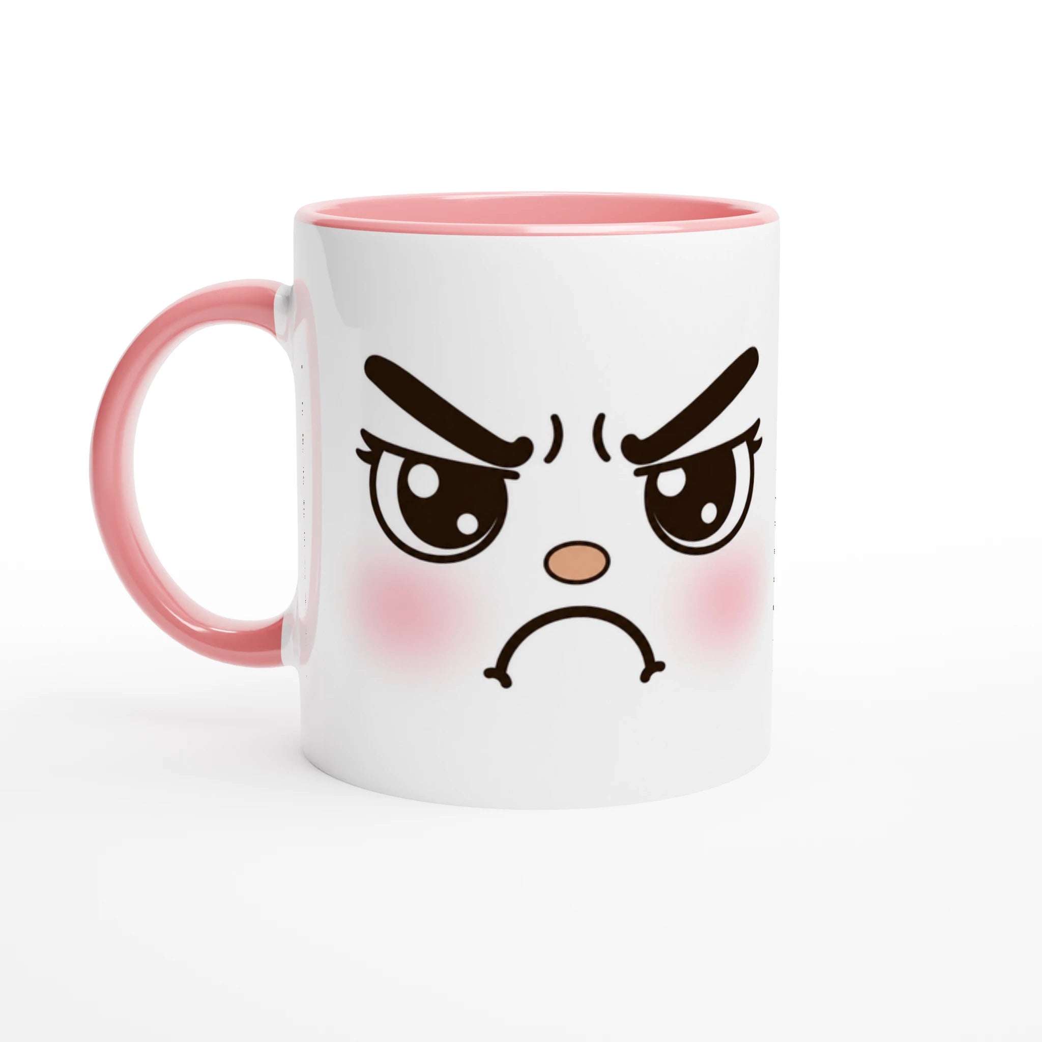 Mug blanc en céramique avec visage kawaii en colère; anse et intérieur roses.