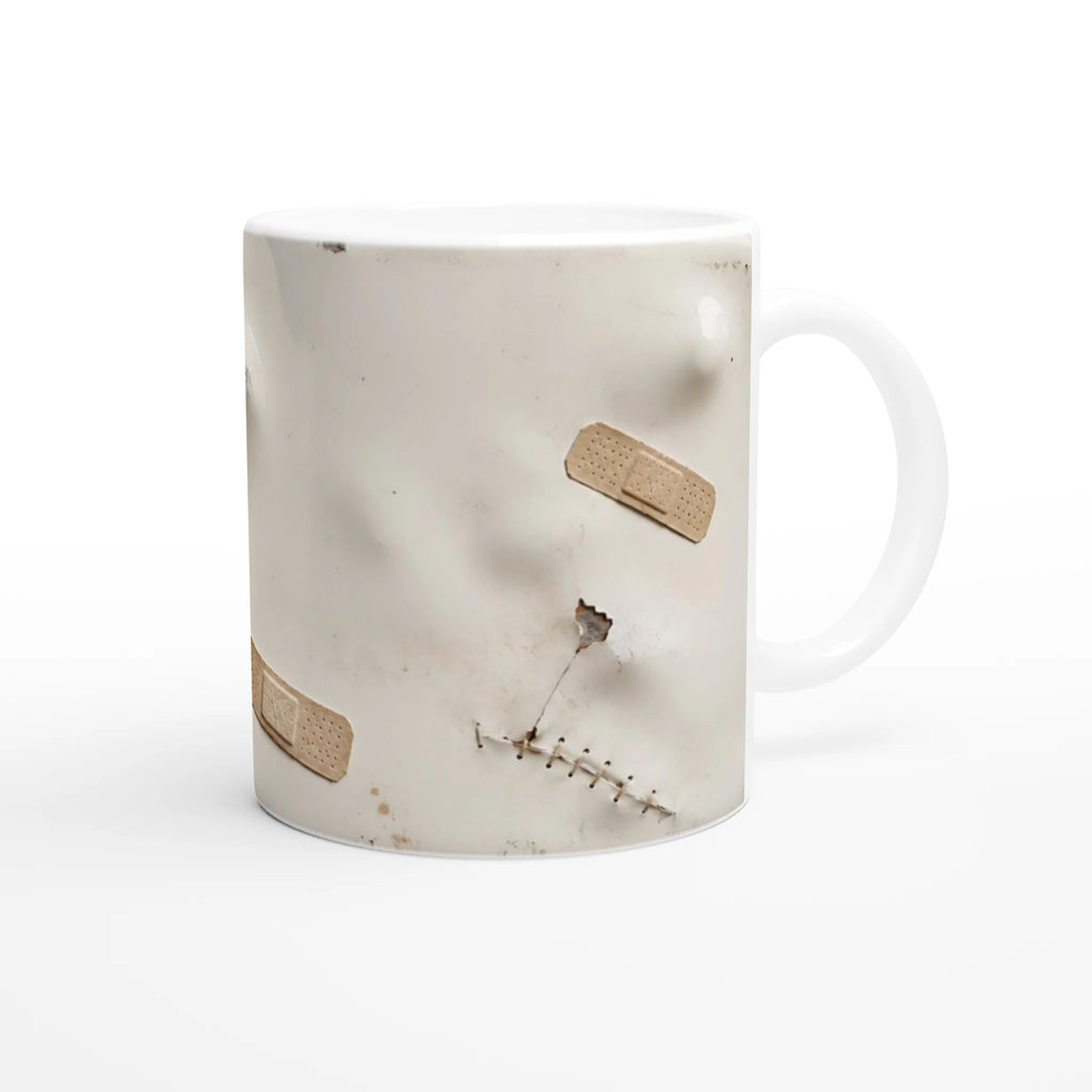 Mug blanc avec pansement beige et points de suture, face avant