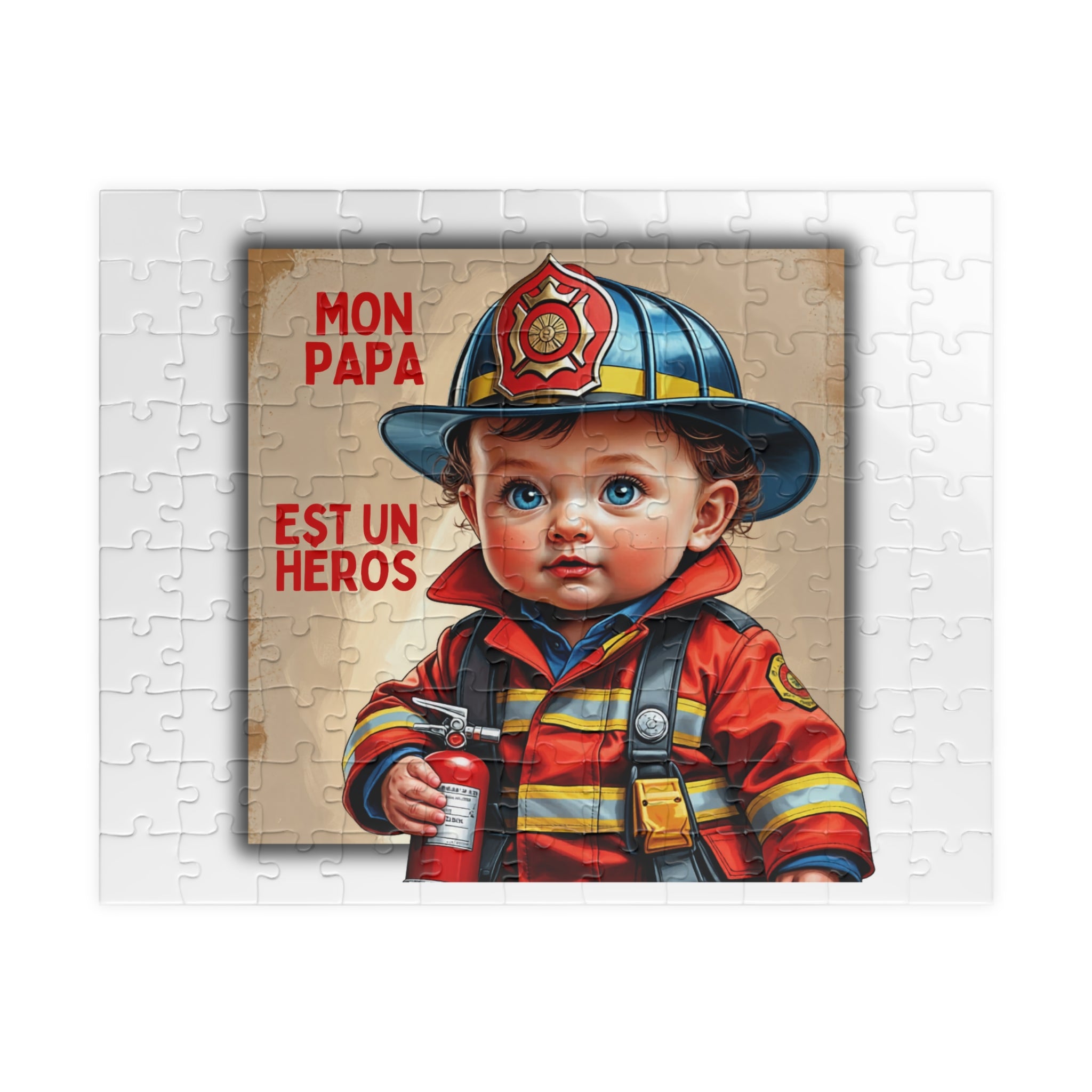 Puzzle assemblé avec bébé pompier rouge et casque, texte « Mon papa est un héros »