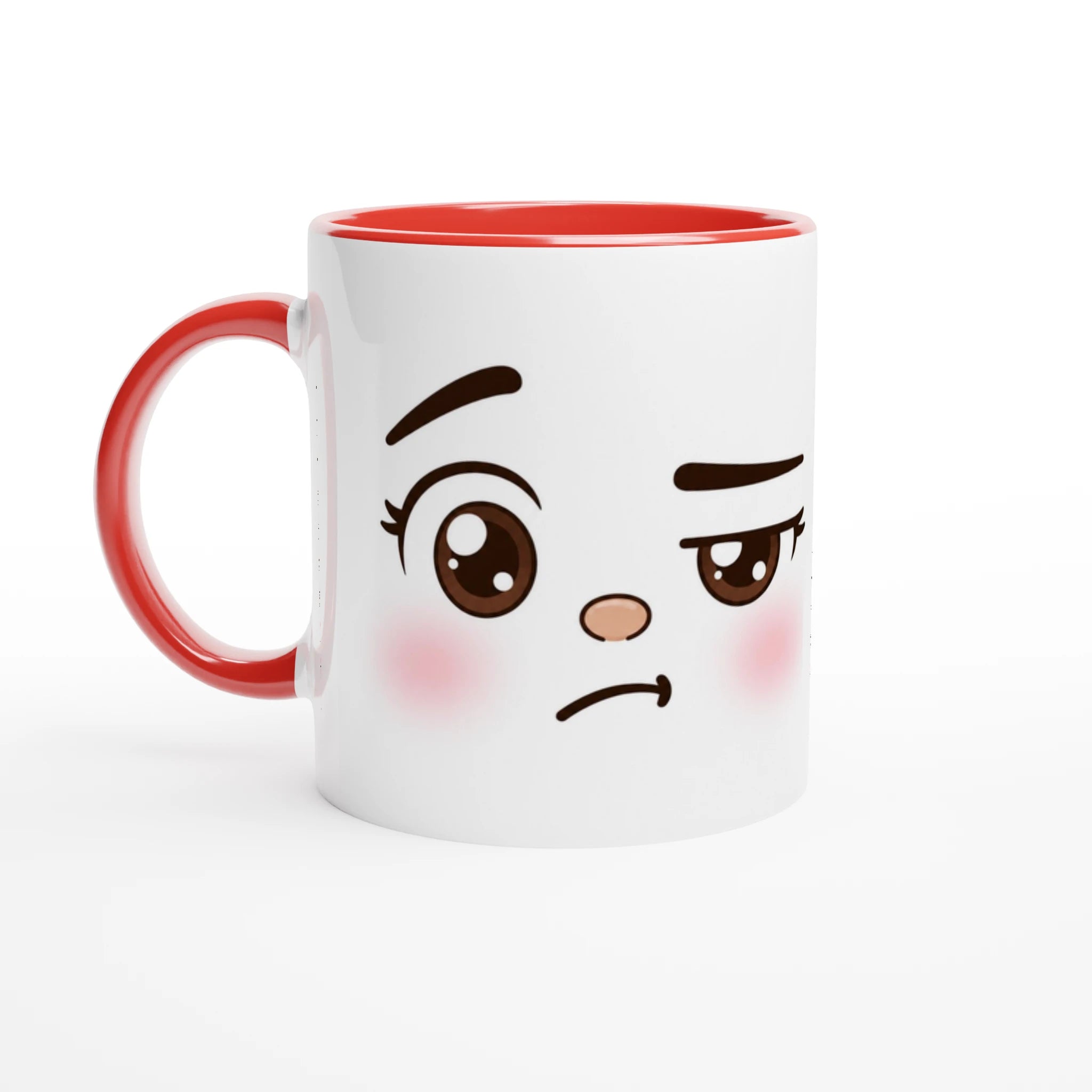 Mug en céramique blanche à visage kawaii boudeur, anses rouges et bord intérieur rouge