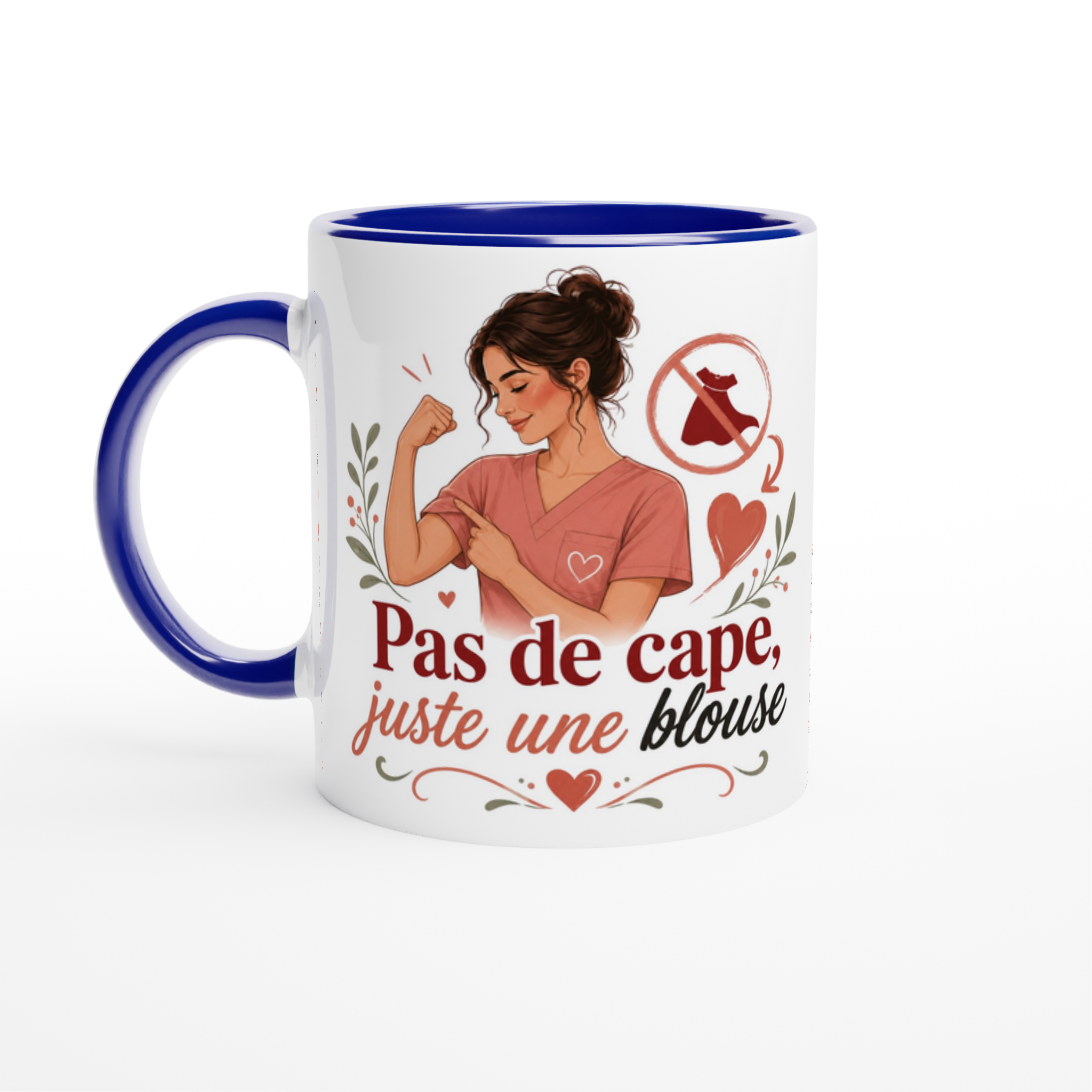 Mug blanc avec intérieur bleu et poignée bleue, illustration femme et texte