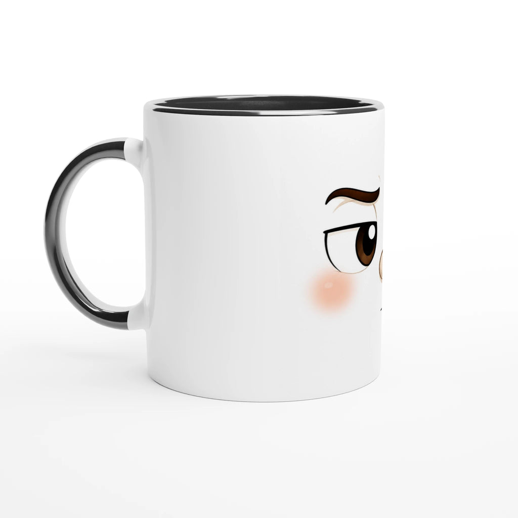 Mug en céramique blanc avec poignée noire et visage kawaii grognon