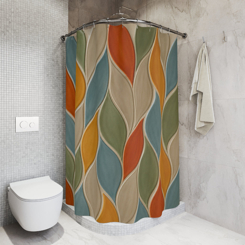 Rideau de douche motifs vagues façon vitrail, bleu, vert, beige et touches orange.