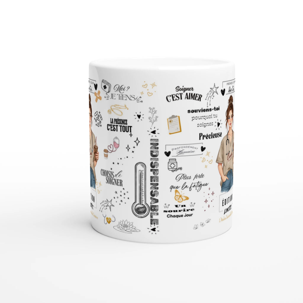 Mug blanc vue arrière avec texte « La présence c’est tout » et thermomètre