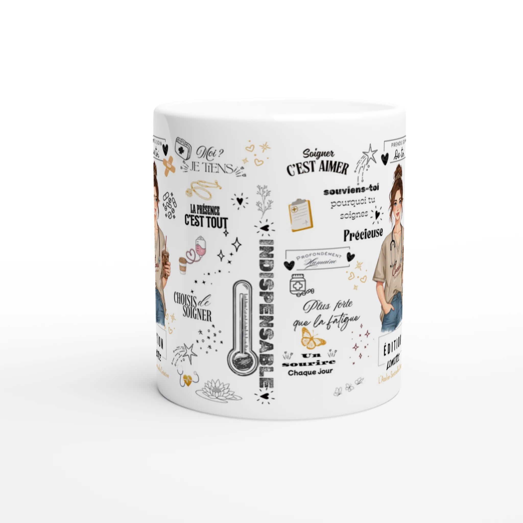 Mug blanc vue arrière avec texte « La présence c’est tout » et thermomètre