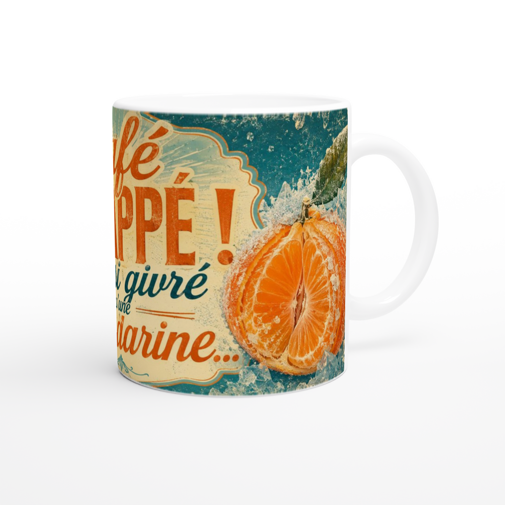 Mug en céramique blanche avec imprimé orange de mandarine sur fond vert