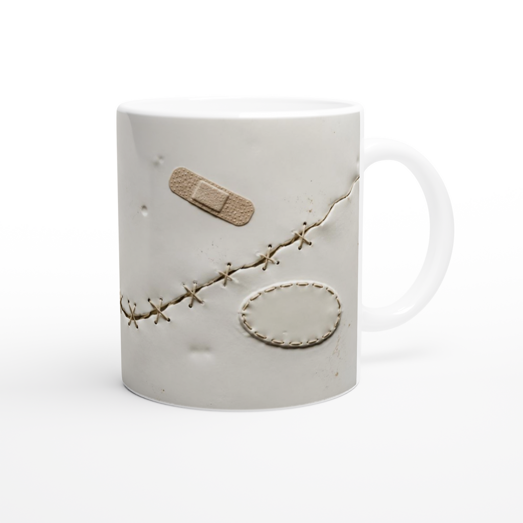 Mug blanc avec ligne de sutures, pansement ovale et petit patch rectangulaire en relief.