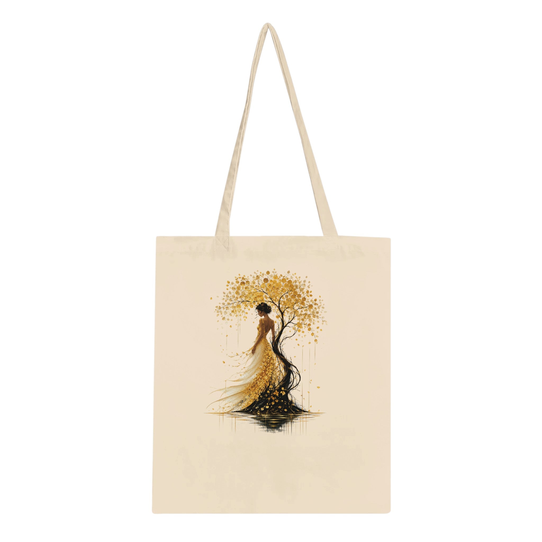 Sac cabas beige clair avec motif arbre doré et silhouette de robe, anses longues
