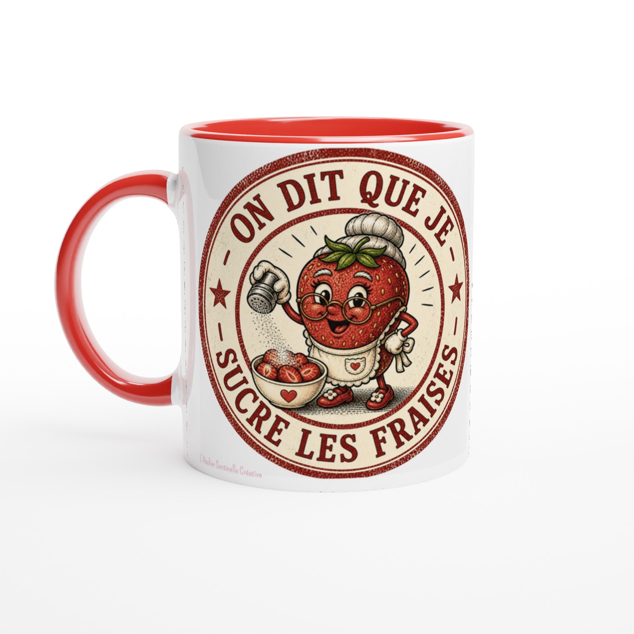 Mug en céramique rouge, corps blanc avec motif rouge et anse rouge.