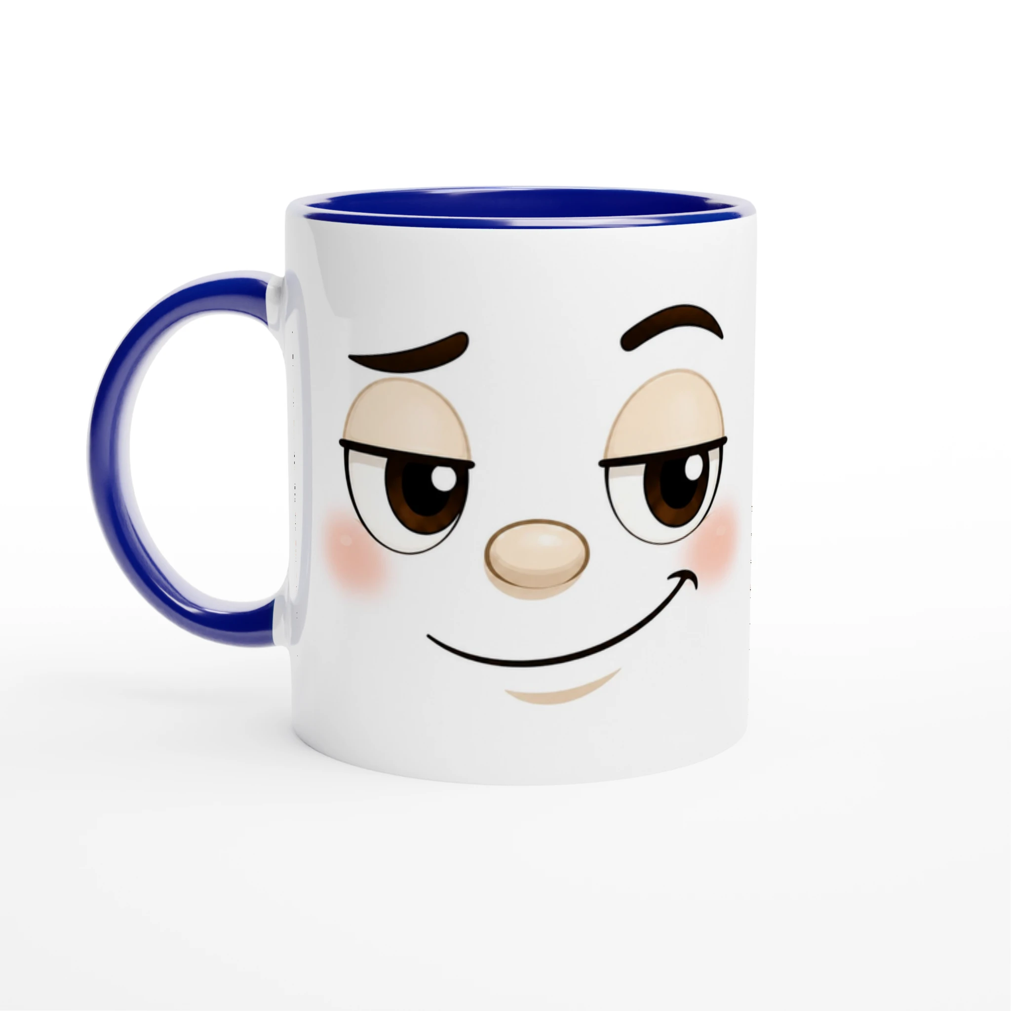 Mug en céramique blanc à bord et anse bleus, visage kawaii souriant