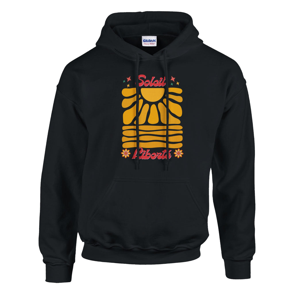 Hoodie à capuche noir, imprimé soleil et Liberté rétro au centre.