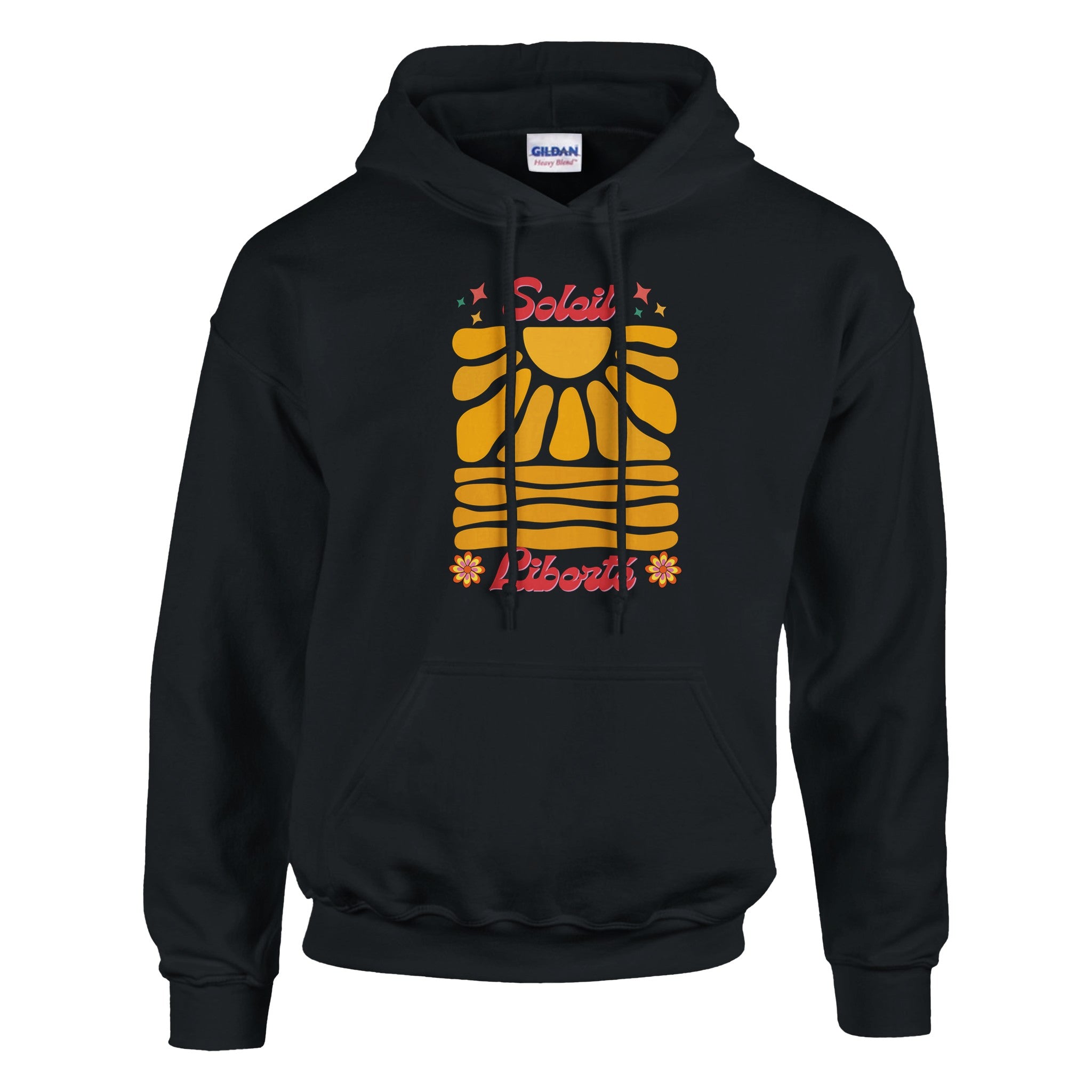 Hoodie à capuche noir, imprimé soleil et Liberté rétro au centre.
