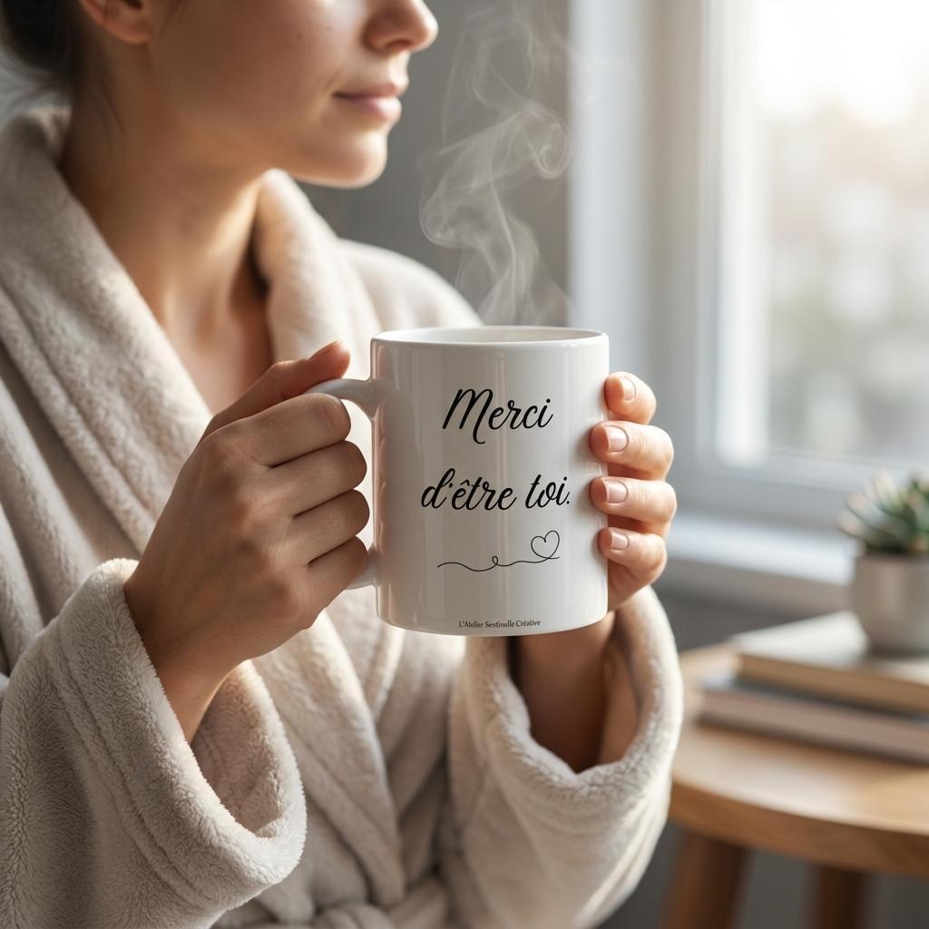 Mug blanc « Merci d'être toi » avec vapeur, motif cœur au bas du texte