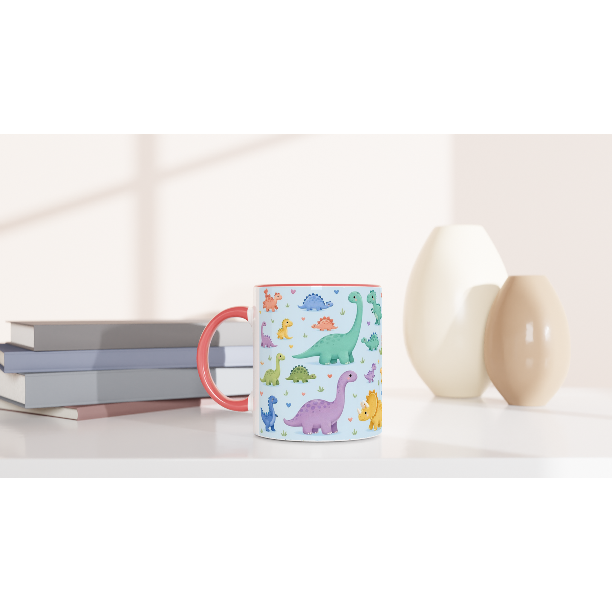 Mug en céramique à anse rose, décor dinosaures kawaii multicolores
