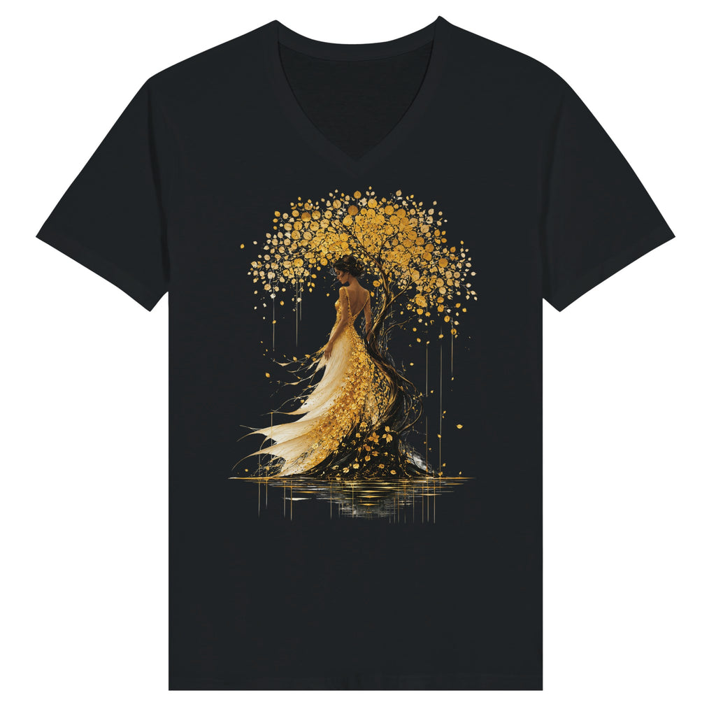 T-shirt femme noir, motif arbre doré avec silhouette et détails scintillants.