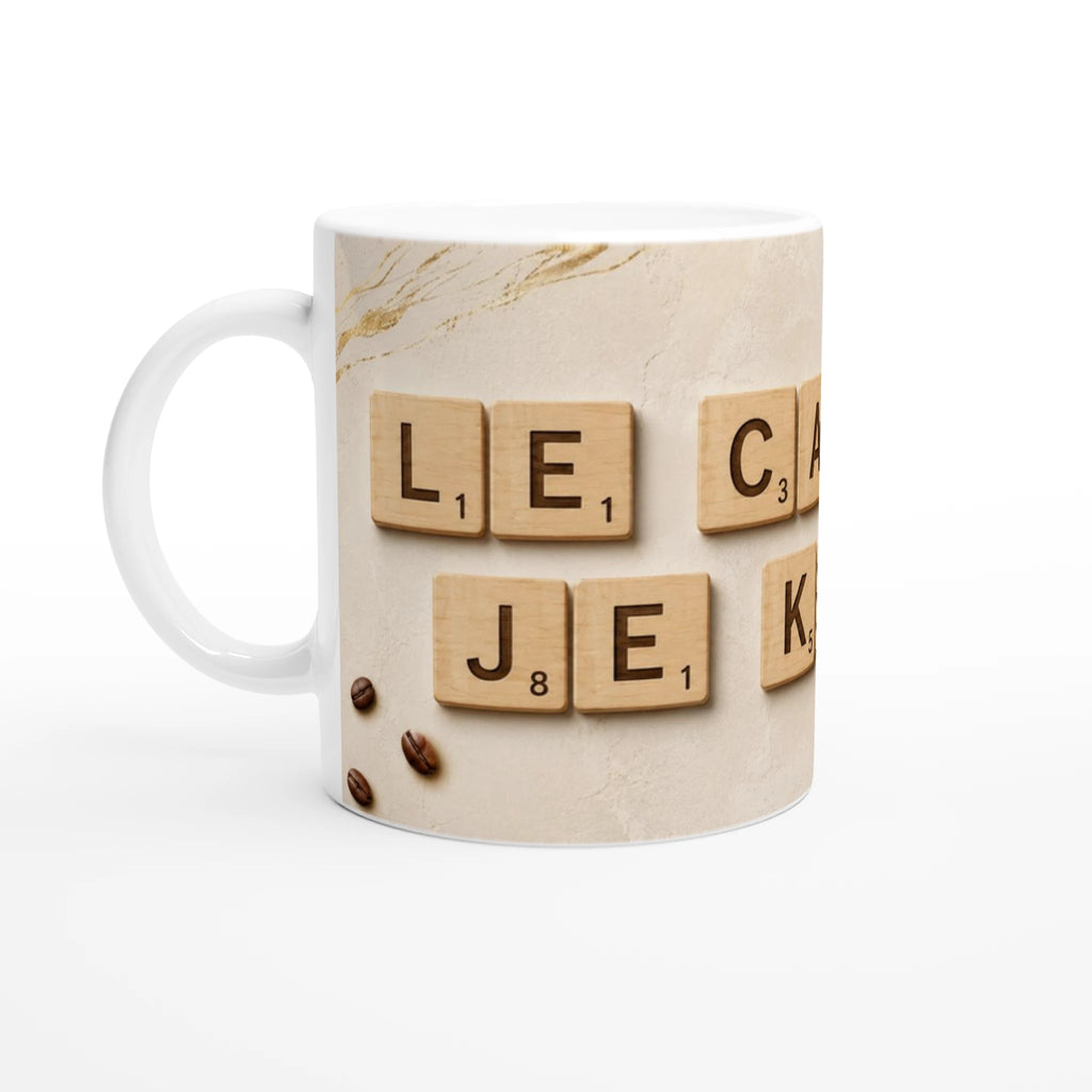 Mug blanc avec lettres façon Scrabble beige: LE, J, E, C, K sur fond clair