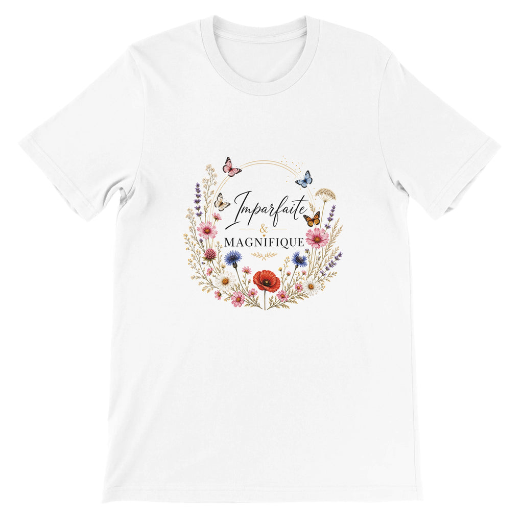 T-shirt femme blanc à col rond, imprimé floral en couronne avec coquelicot et papillons.