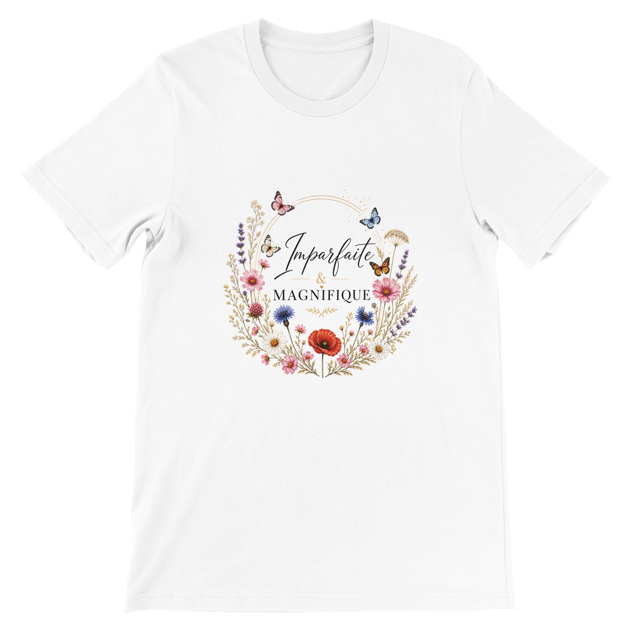 T-shirt femme blanc à col rond, imprimé floral en couronne avec coquelicot et papillons.