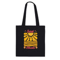 Tote bag noire à anses, imprimé soleil jaune, étoiles et fleurs, “Liberté”