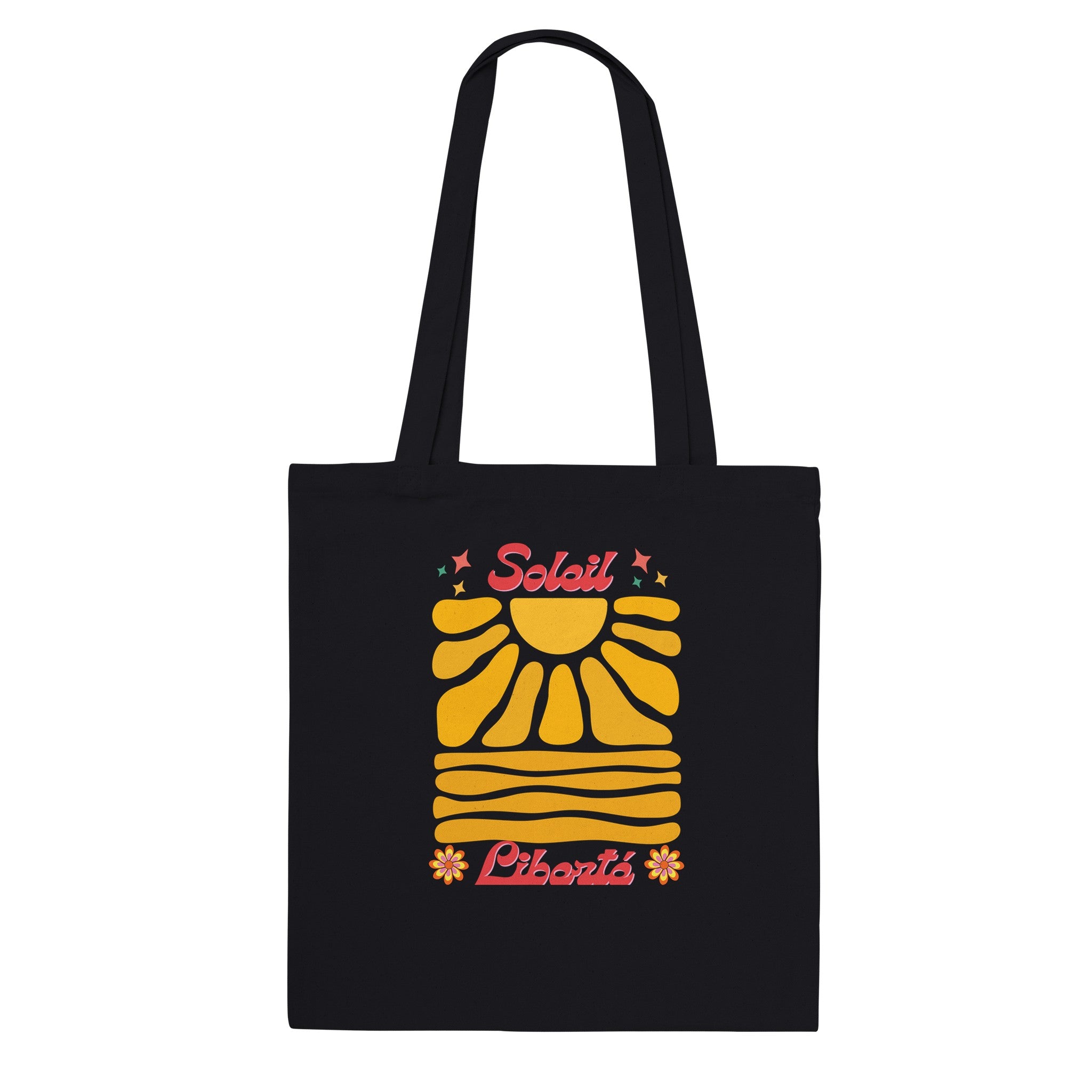 Tote bag noire à anses, imprimé soleil jaune, étoiles et fleurs, “Liberté”