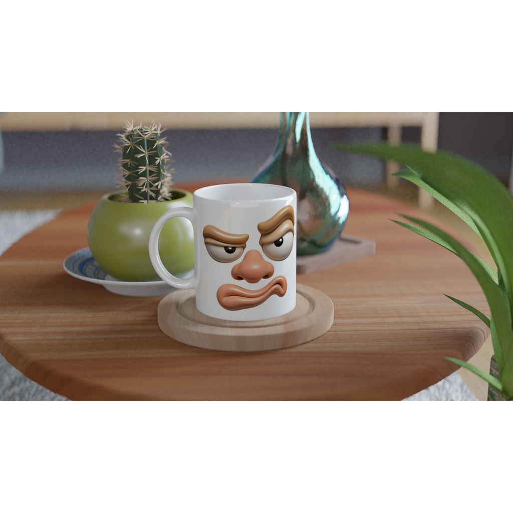 Mug blanc avec visage grognon stylisé, yeux et nez imprimés sur la face avant.