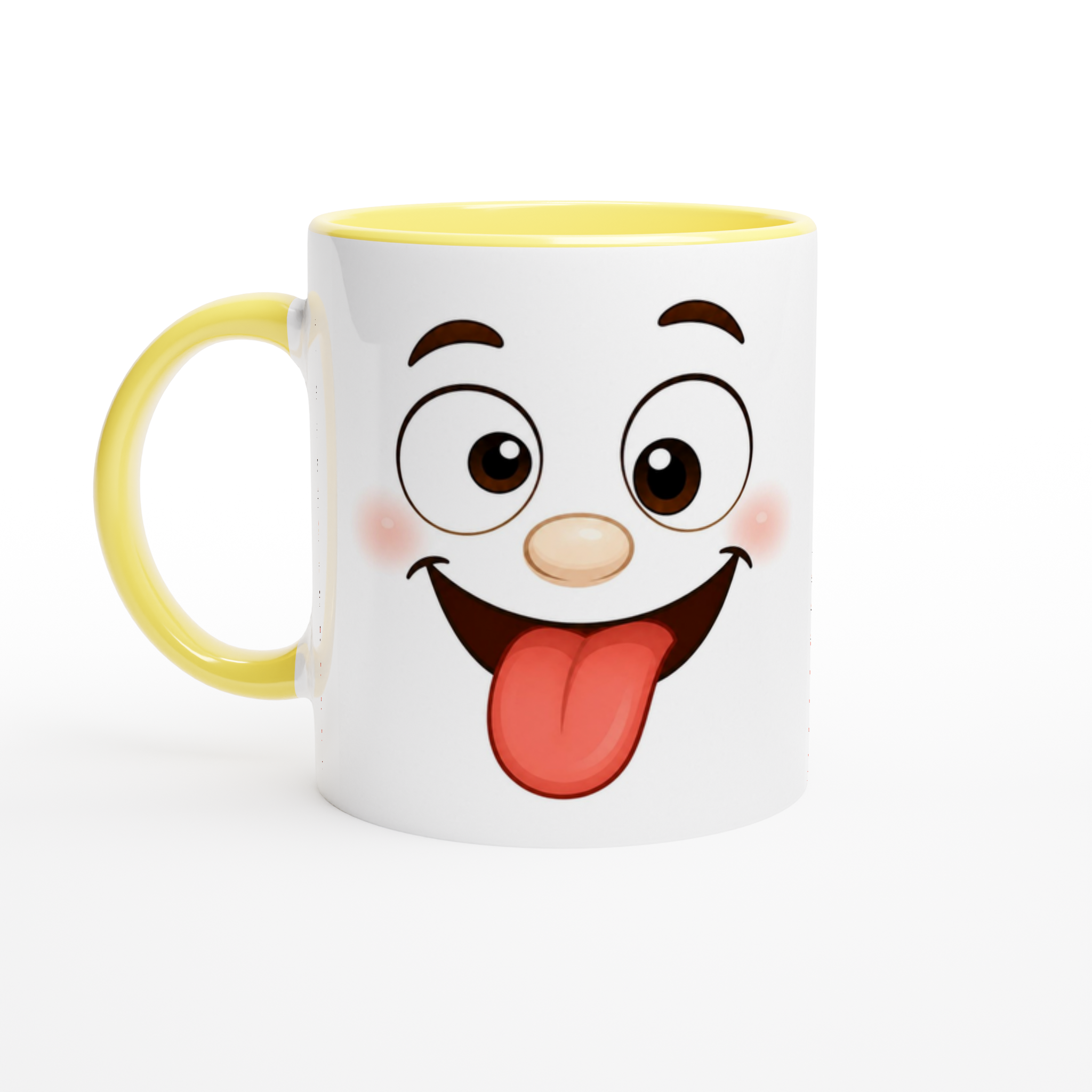 Mug en céramique blanche à poignée jaune, visage cartoon souriant, intérieur jaune.