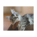 Puzzle en carton avec photo de deux chats gris enlacés, regard au premier plan