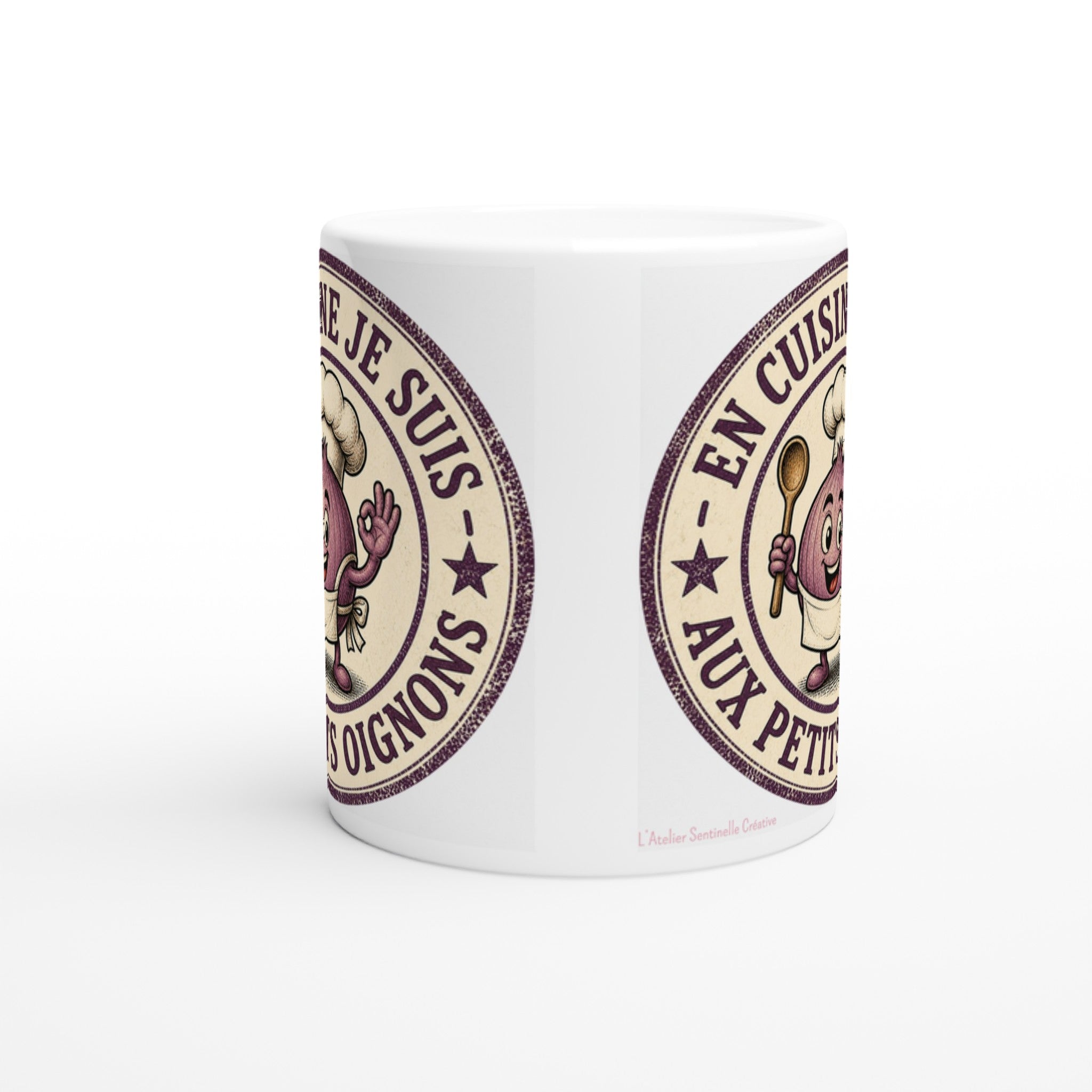 Mug blanc en céramique, vue de côté du cercle « En cuisine je suis »