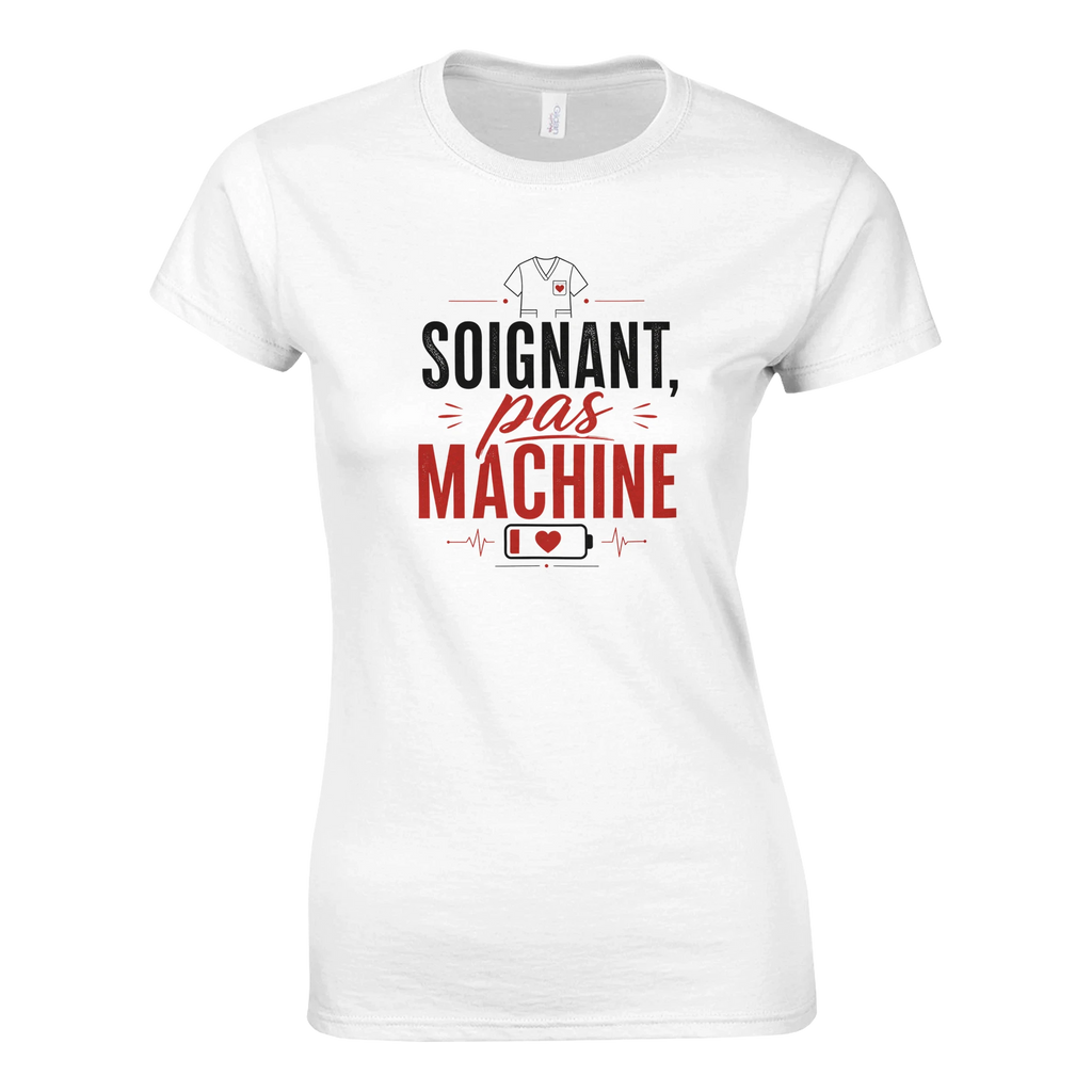 T-shirt blanc « Soignant pas machine » avec pictogrammes médicaux et cœur imprimés