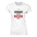 T-shirt blanc « Soignant pas machine » avec pictogrammes médicaux et cœur imprimés