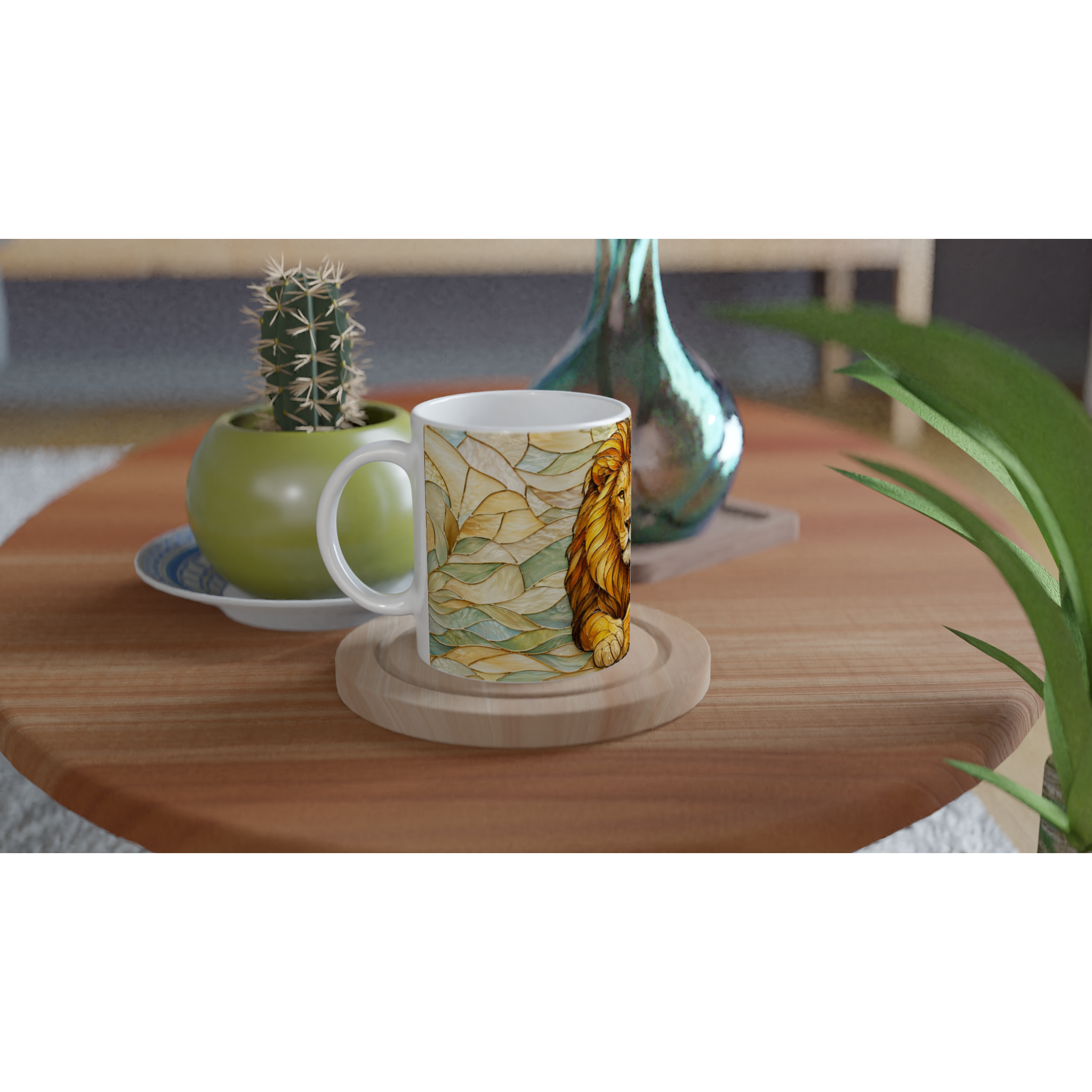 Mug en céramique blanc illustré d’un lion doré parmi des feuilles