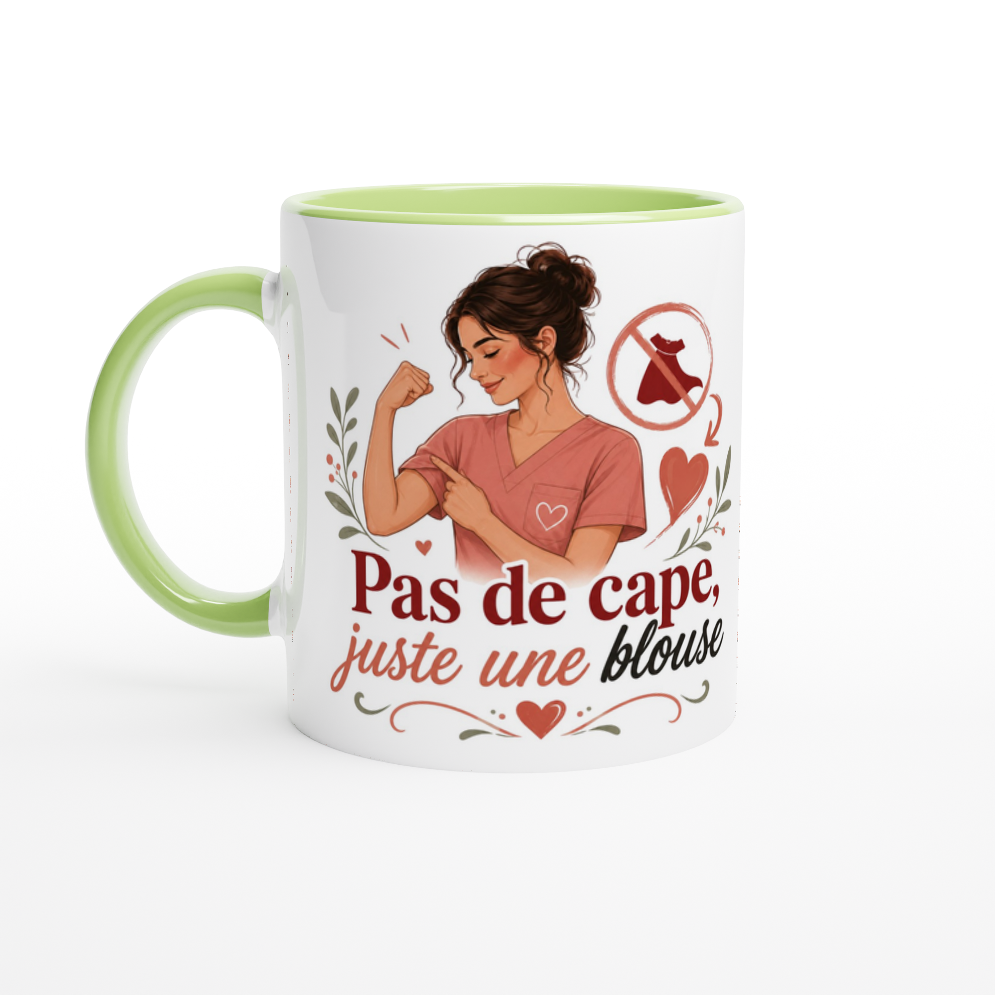 Mug blanc avec intérieur vert et poignée verte, illustration femme et texte