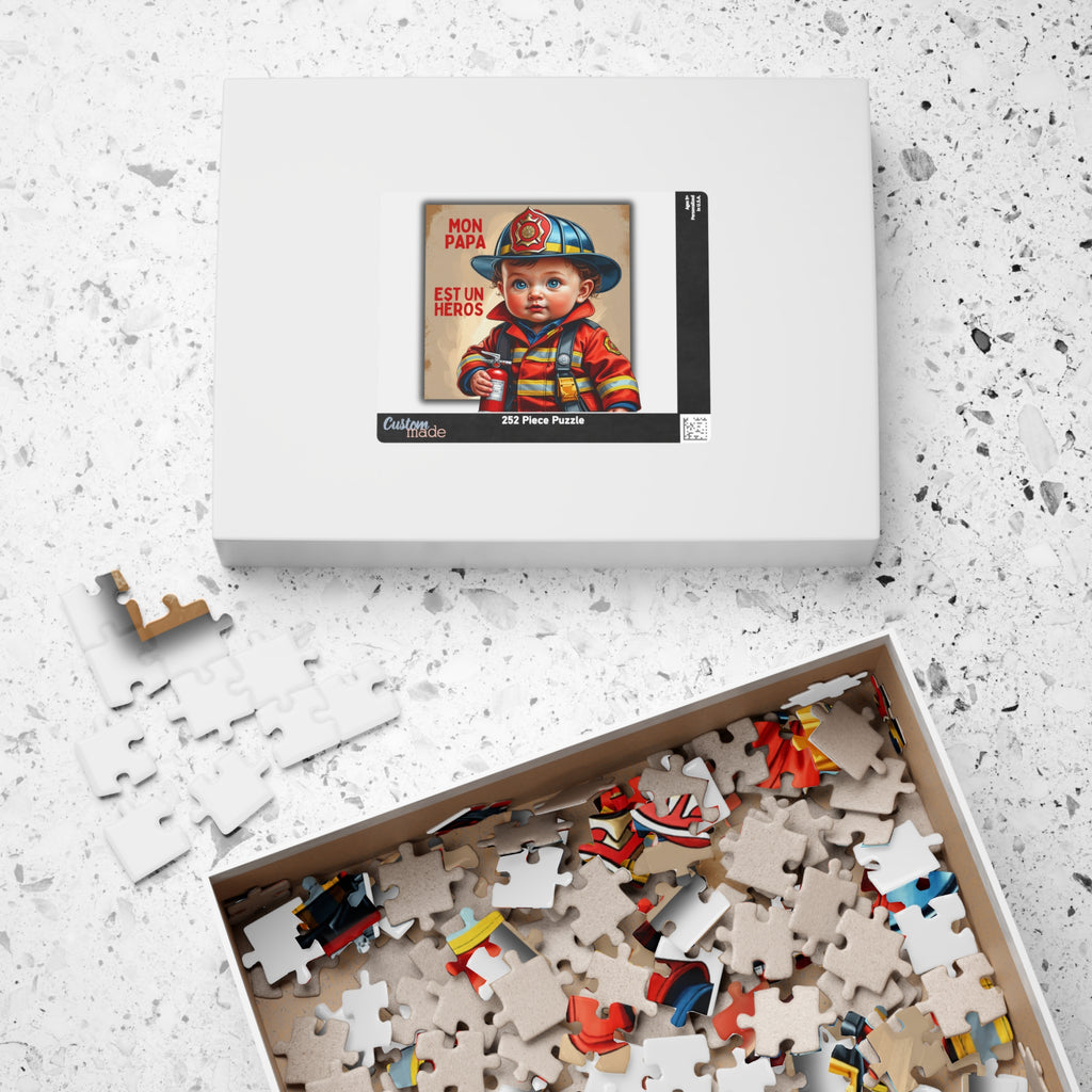 Boîte de puzzle blanche, visuel « Mon papa est un héros » et coffret ouvert