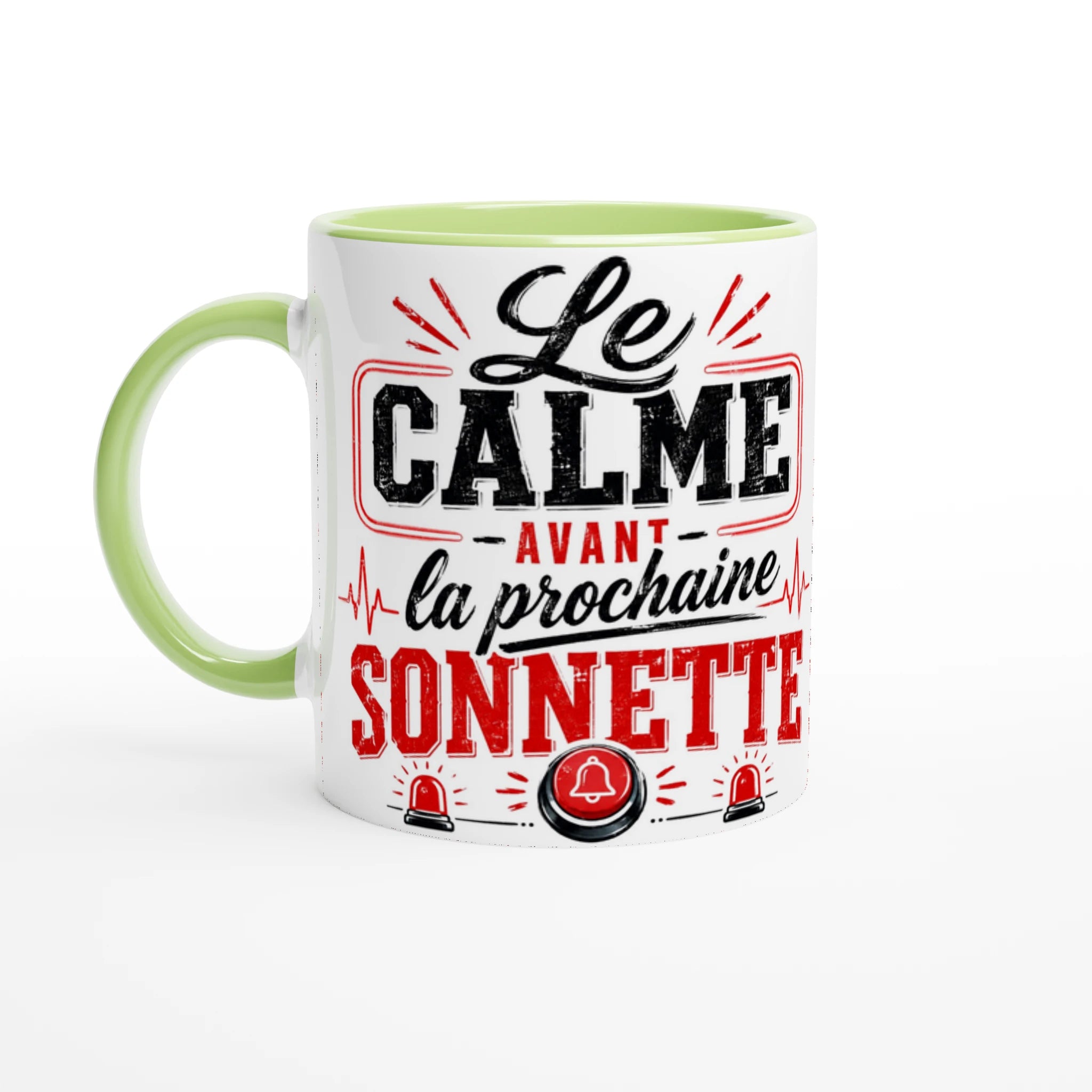 Mug en céramique blanc à anse verte et bord vert, motif « Le calme… »