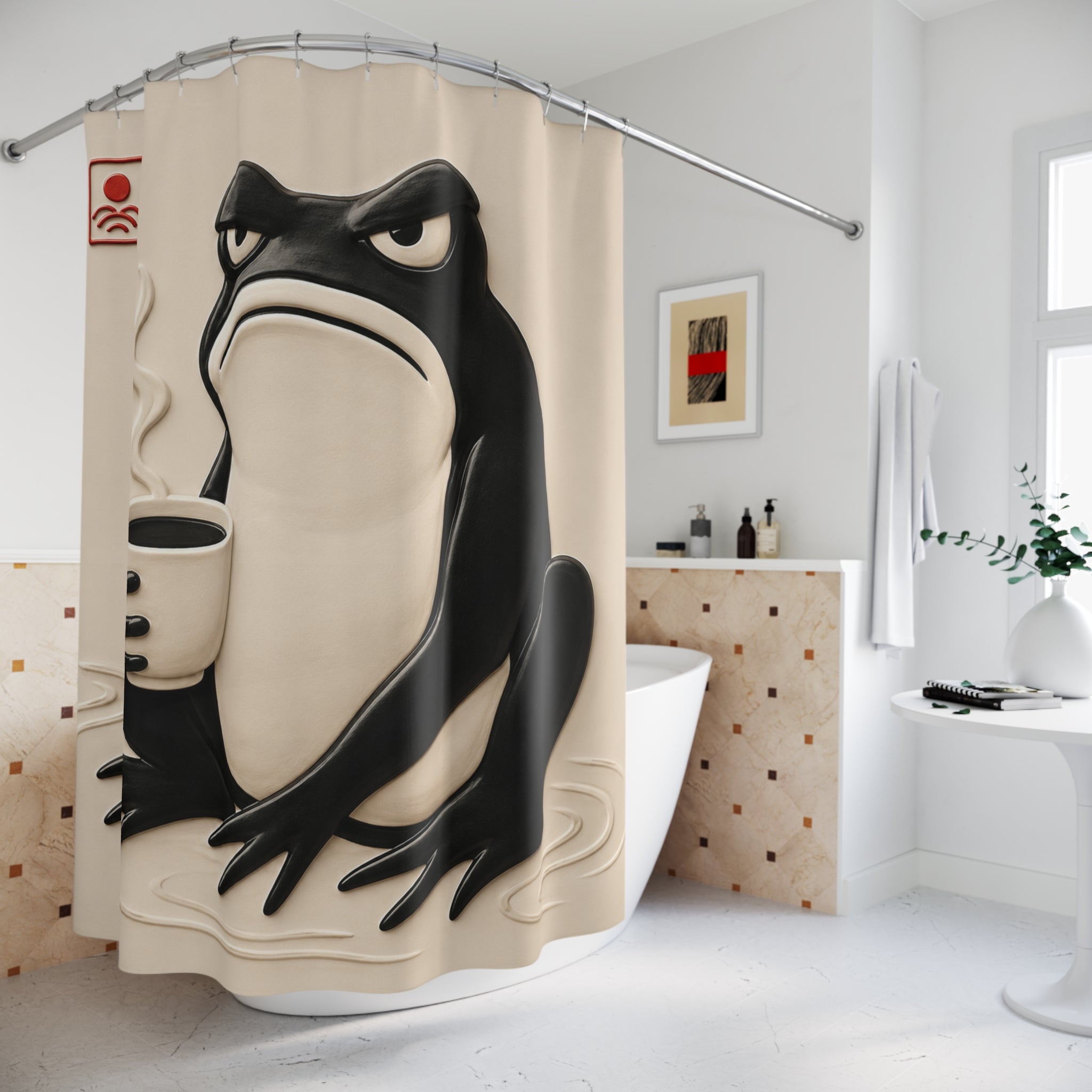 Rideau de douche beige avec grenouille noire, tasse à la main et contour ondulé en relief.